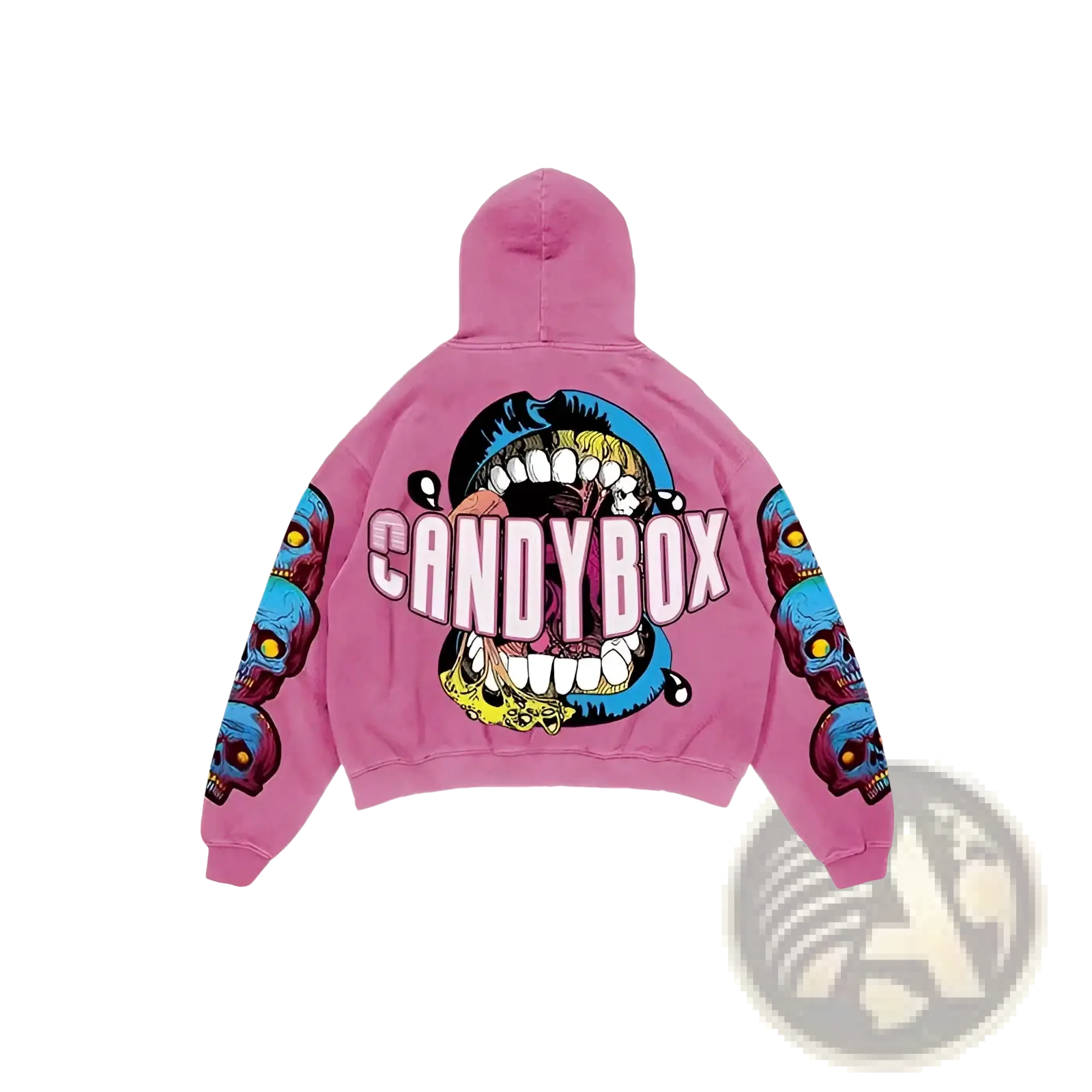 Men’s retro 3d graphic print oversized streetwear hoodie in pink with candybox mouth graphic and blue skull sleeves