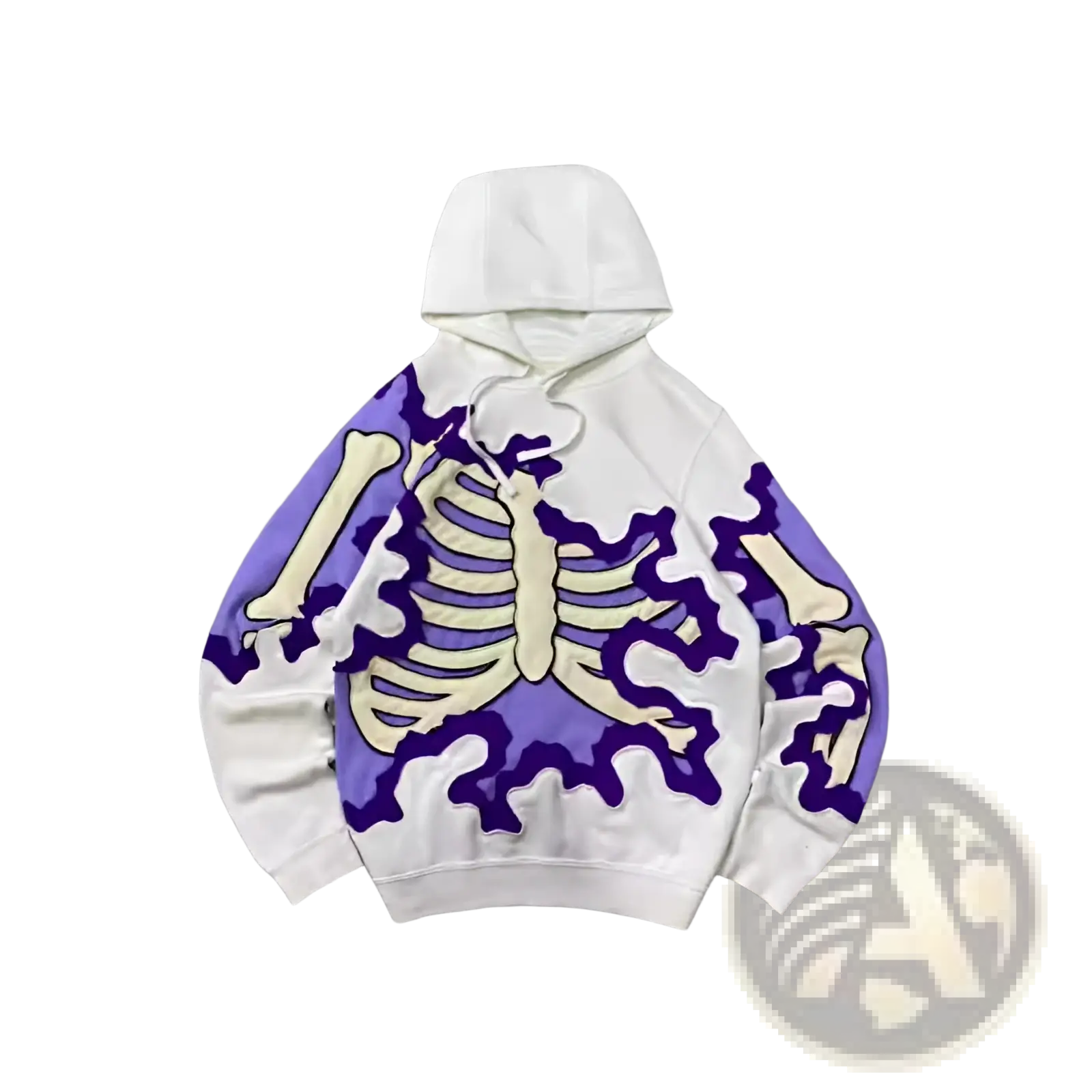 Men’s retro 3d graphic print oversized white hoodie with bold purple and cream skeleton design on front