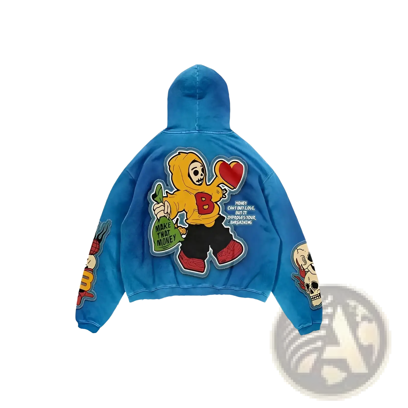 Men’s retro 3d graphic print oversized streetwear hoodie in blue featuring a yellow cartoon skeleton with money and heart designs