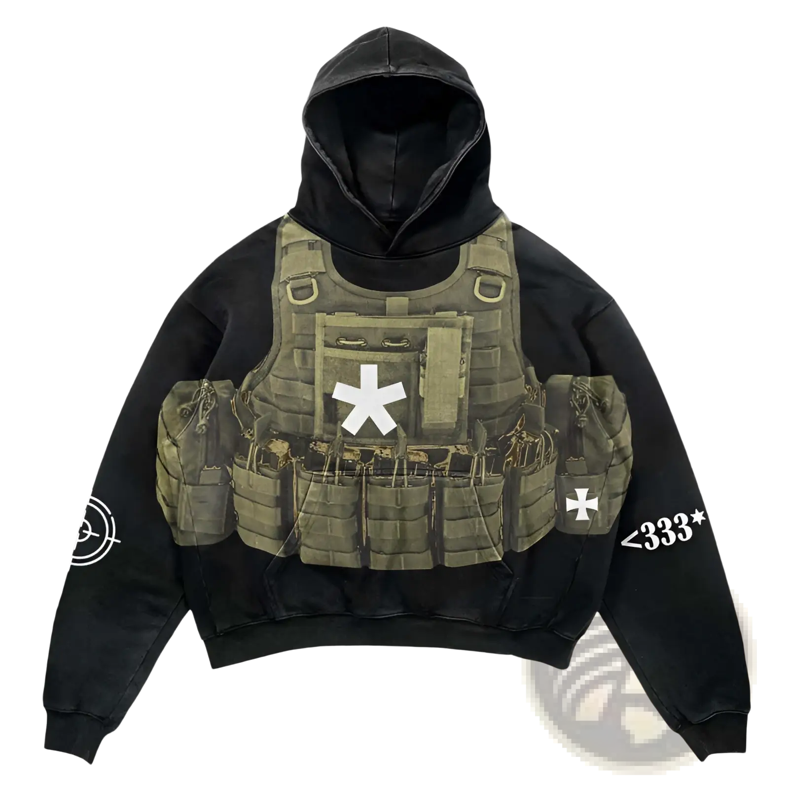 Men’s retro 3d graphic print oversized streetwear hoodie in black with olive green tactical vest and white star cross details