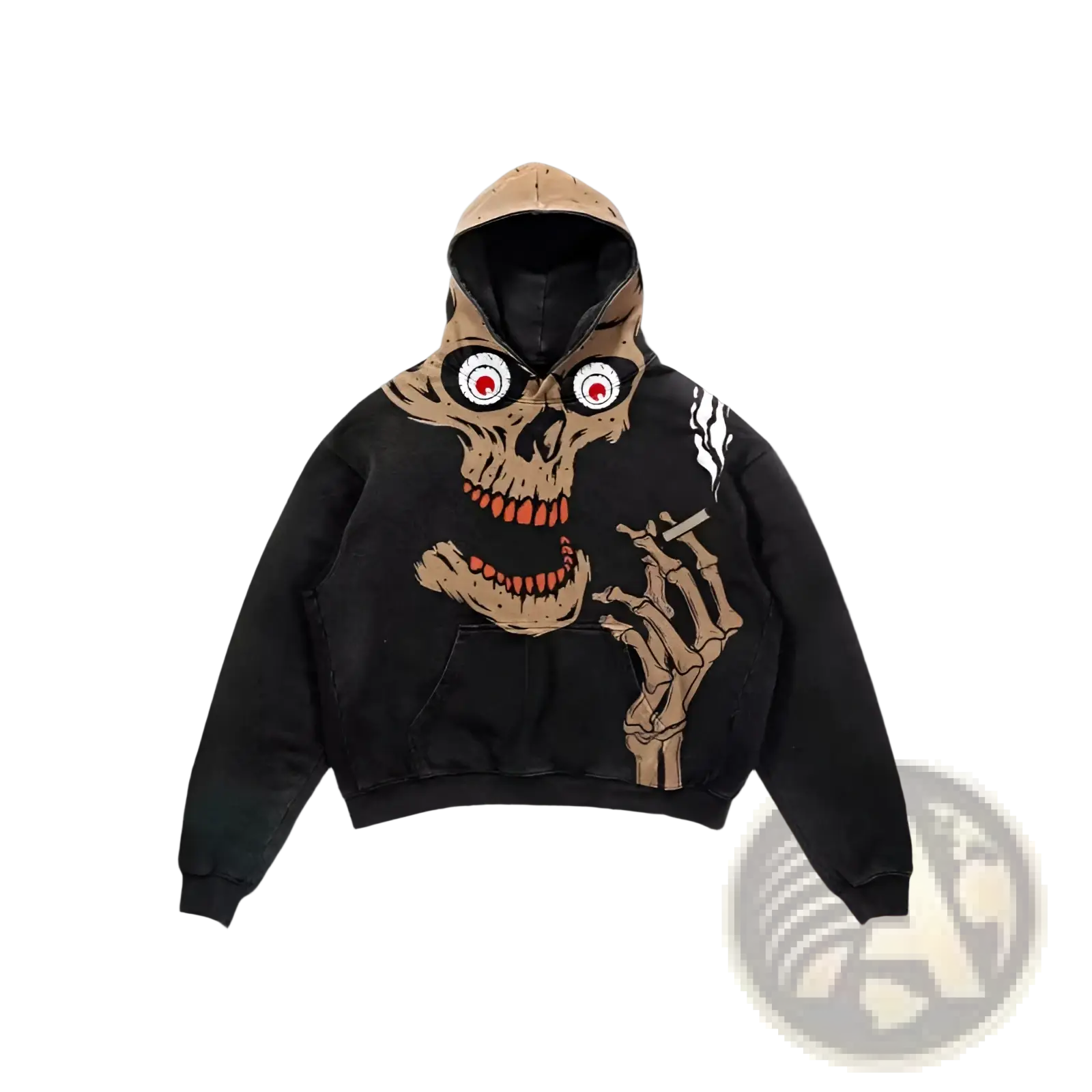 Men’s black oversized streetwear hoodie with tan skull graphic featuring red eyes and orange teeth holding a cigarette