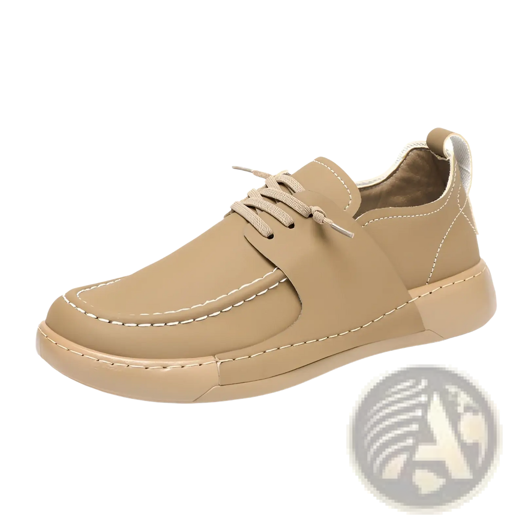 Beige leather men’s retro British business casual sneaker with white stitching and chunky sole
