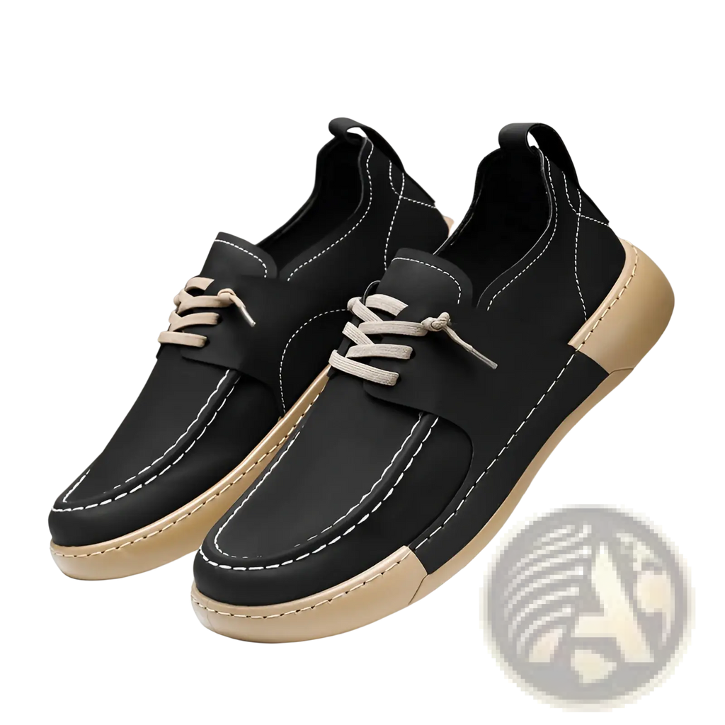 Men’s retro British business casual leather shoes in black with beige soles and laces accented by white stitching