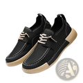 Men’s retro British business casual leather shoes in black with beige soles and laces accented by white stitching