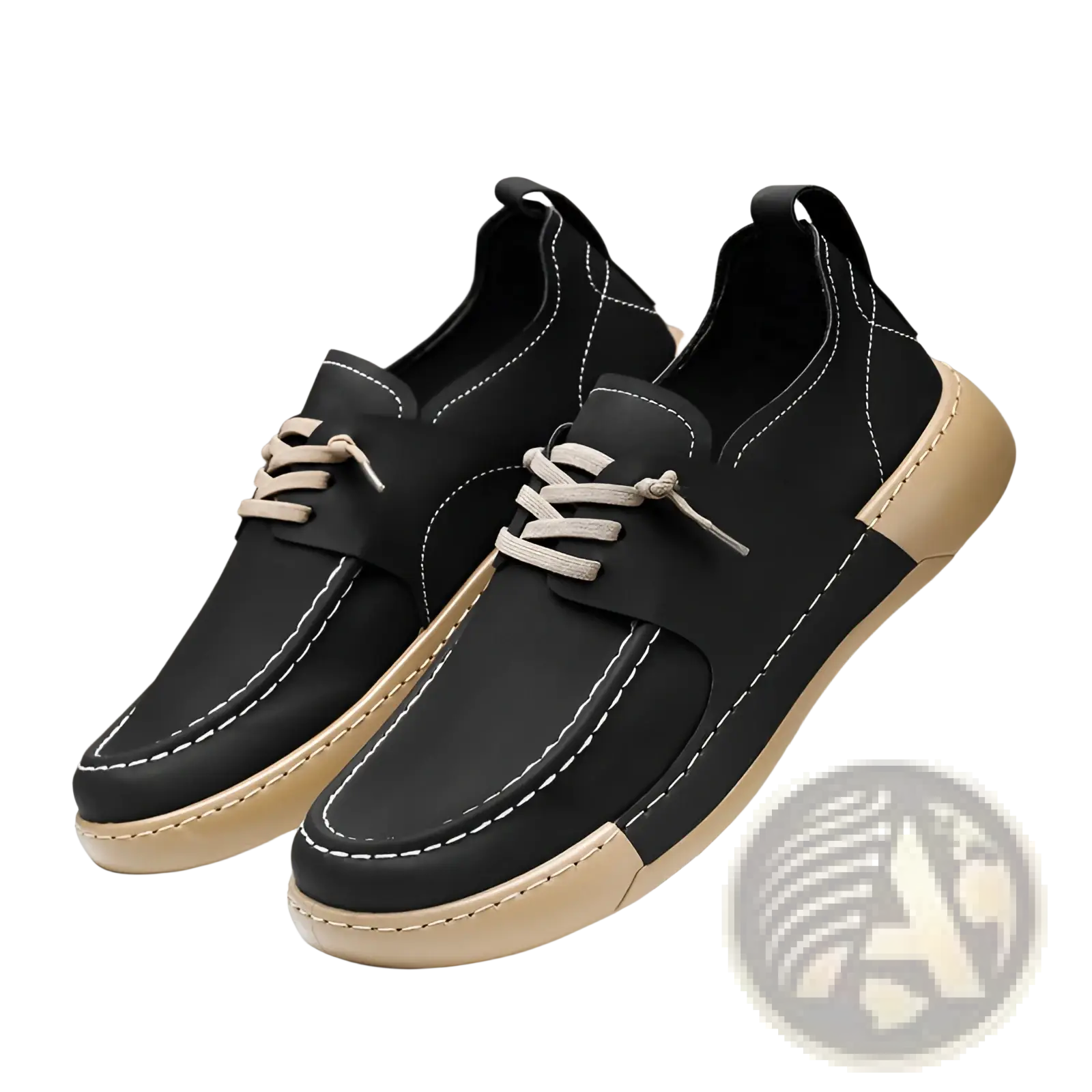 Men’s retro British business casual leather shoes in black with beige soles and laces accented by white stitching