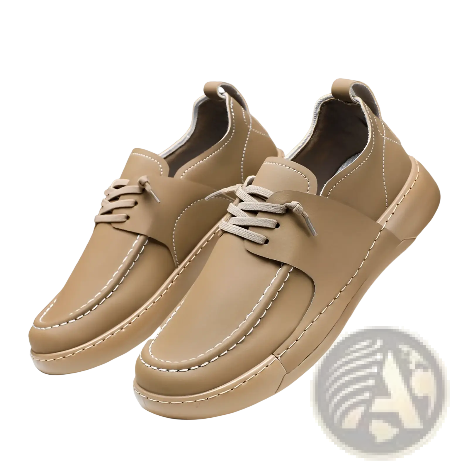 Beige leather lace-up men’s retro British business casual shoes with contrasting white stitching and chunky sole