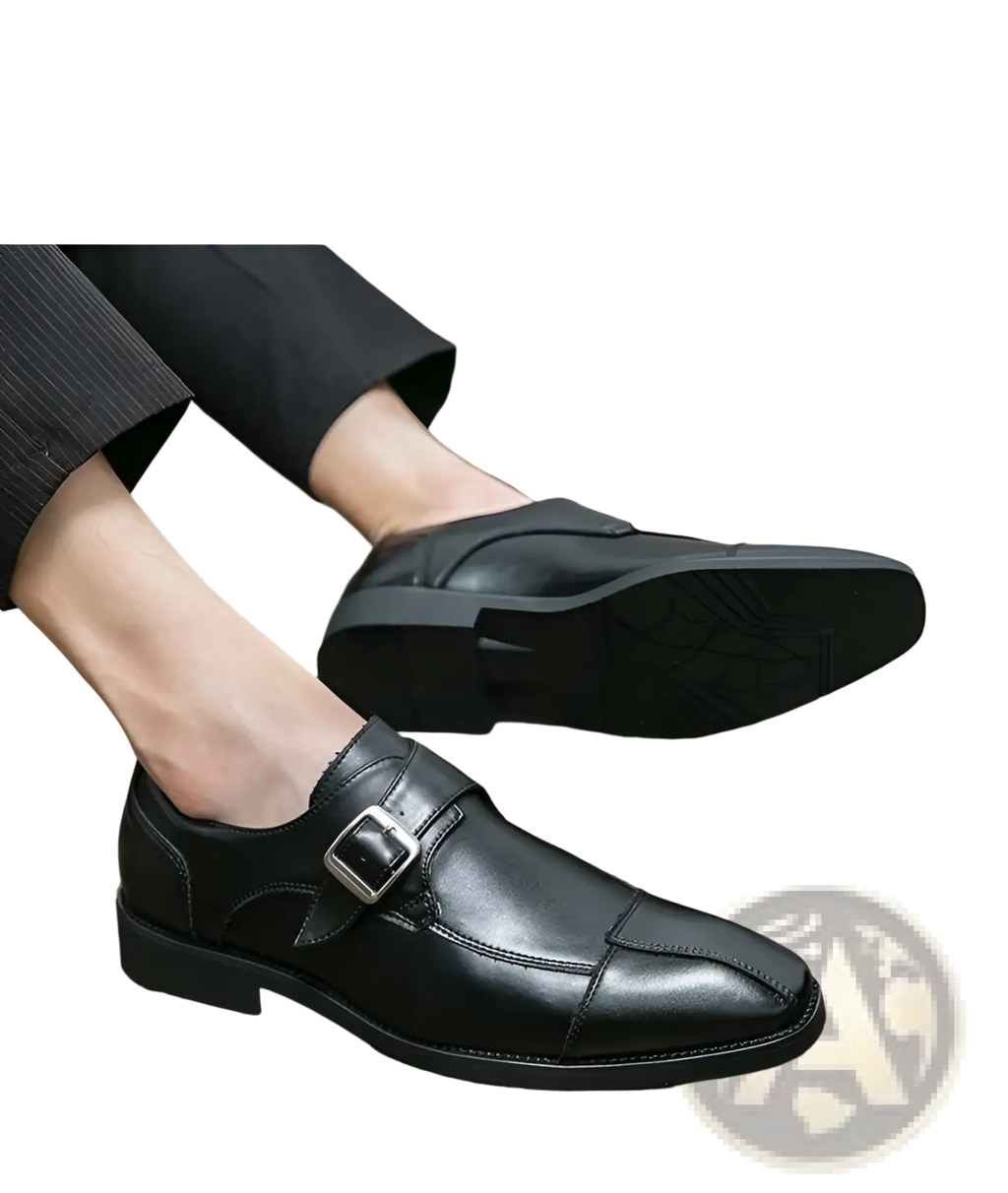 Men’s retro british style black leather monk strap shoes with a silver buckle made of microfiber leather