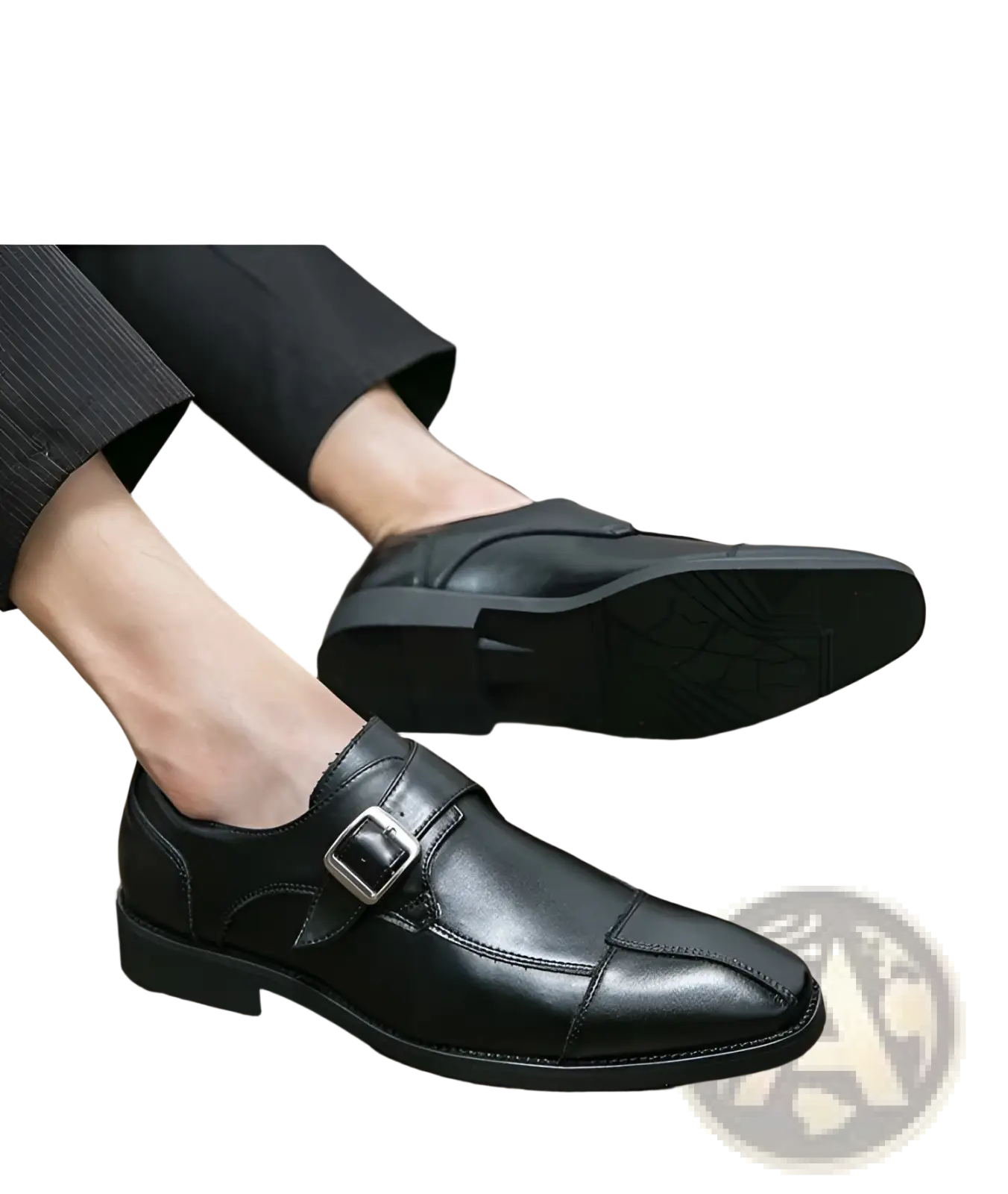 Men’s retro british style black leather monk strap shoes with a silver buckle made of microfiber leather