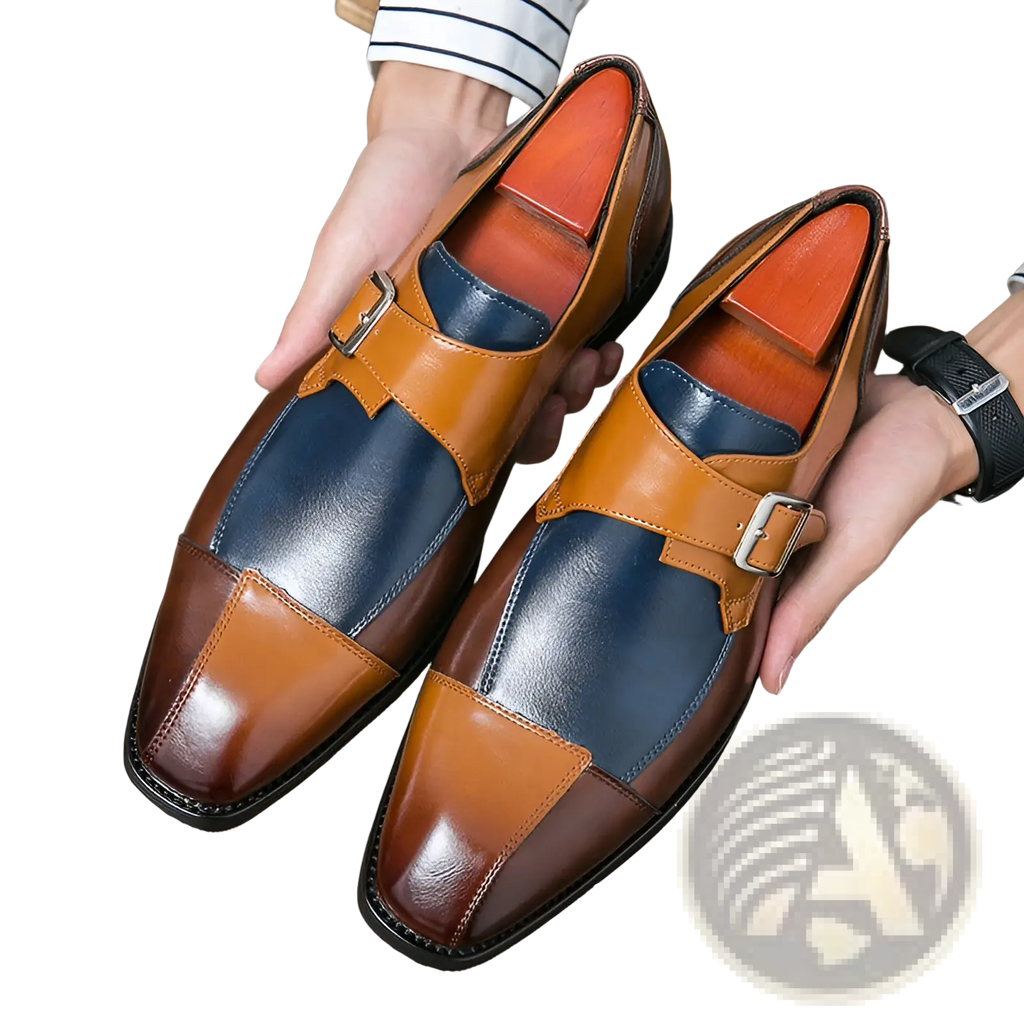 Men’s retro British style monk strap shoes in brown and navy blue microfiber leather with a polished finish