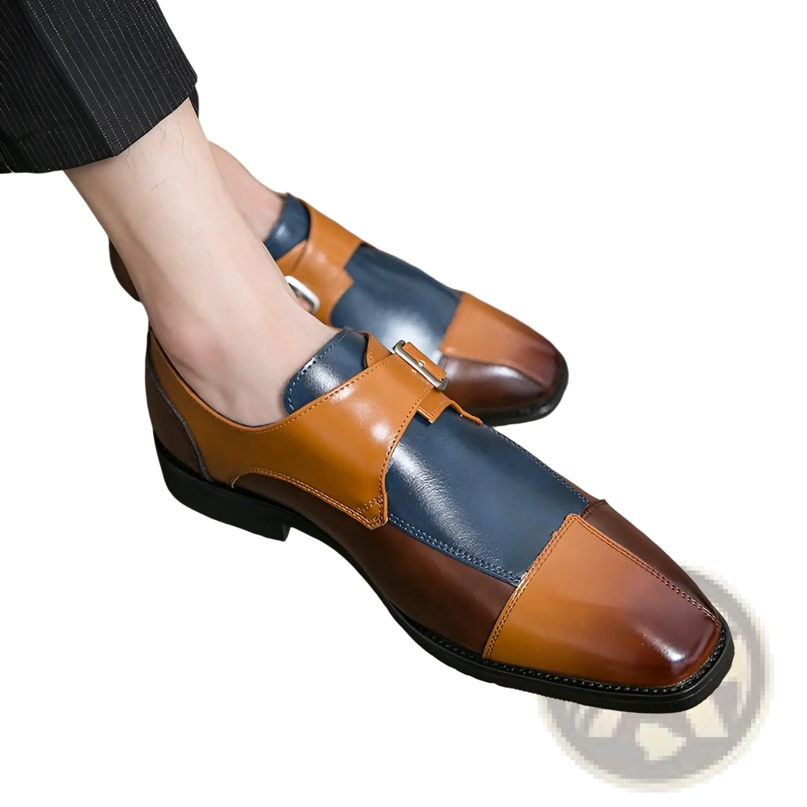 Men’s retro British style two-tone brown and navy blue microfiber leather monk strap shoes with polished finish