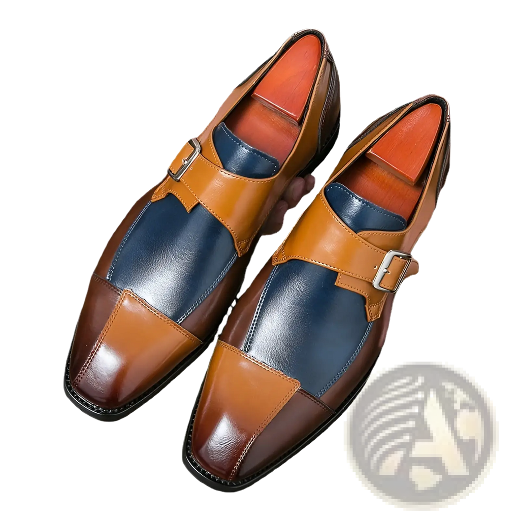 Men’s retro British style brown and navy blue microfiber leather monk strap shoes with silver buckles