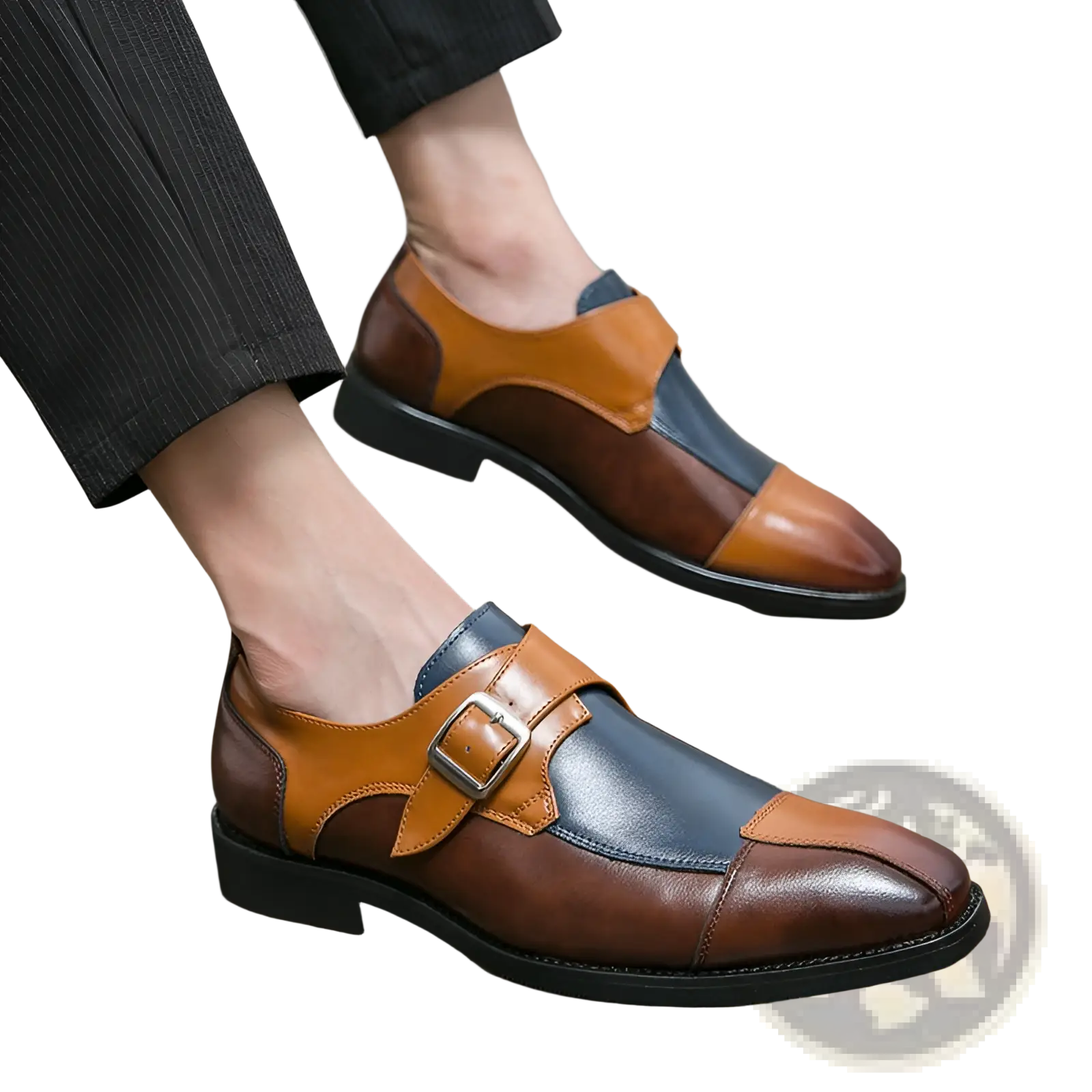 Men’s retro British style leather monk strap shoes in brown and navy blue with tan accent microfiber material