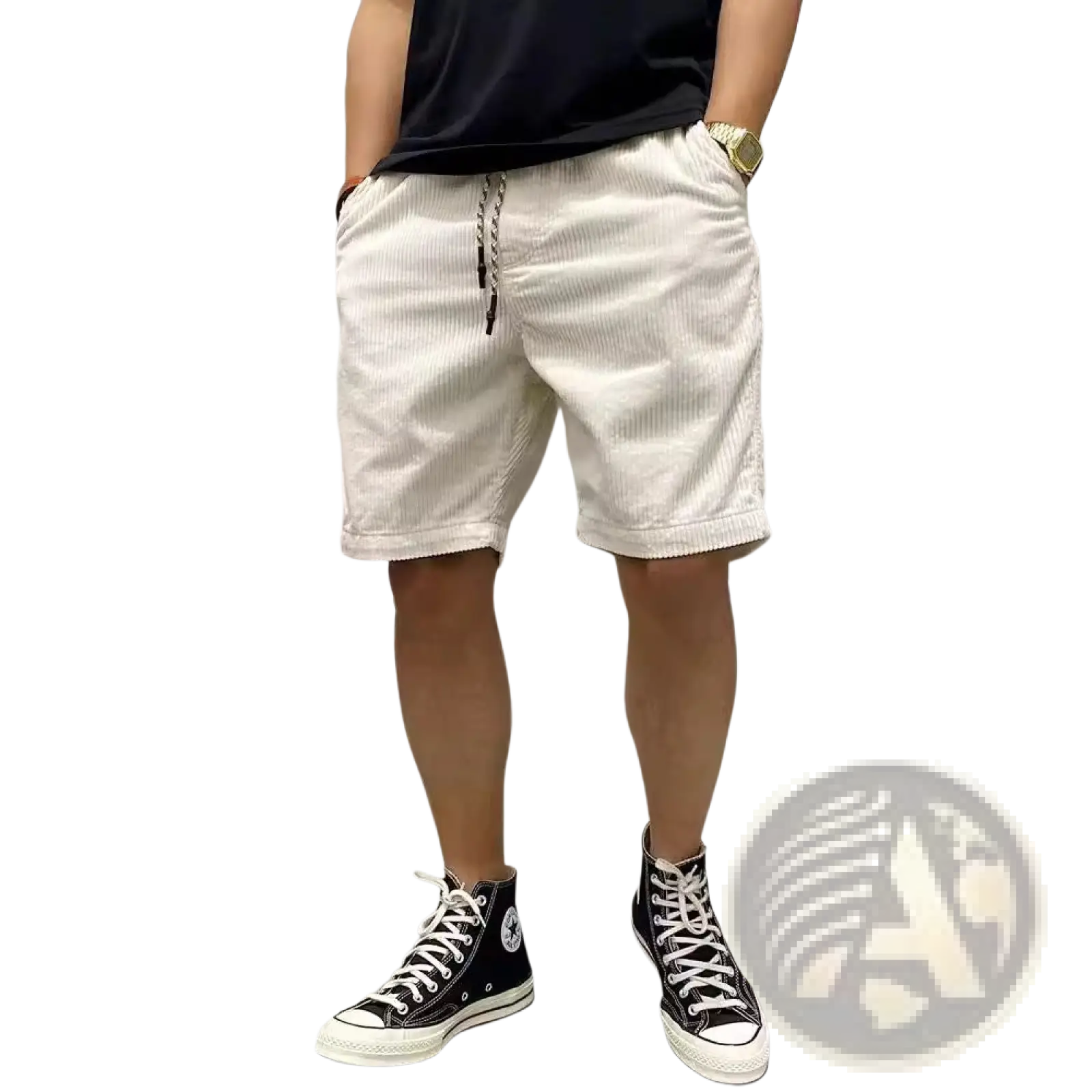 White corduroy men’s retro summer workwear shorts with drawstring waist and rolled cuffs
