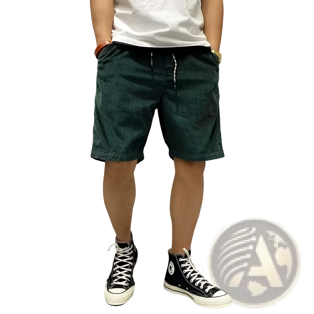 Dark green corduroy men’s retro summer workwear shorts with a drawstring waistband
