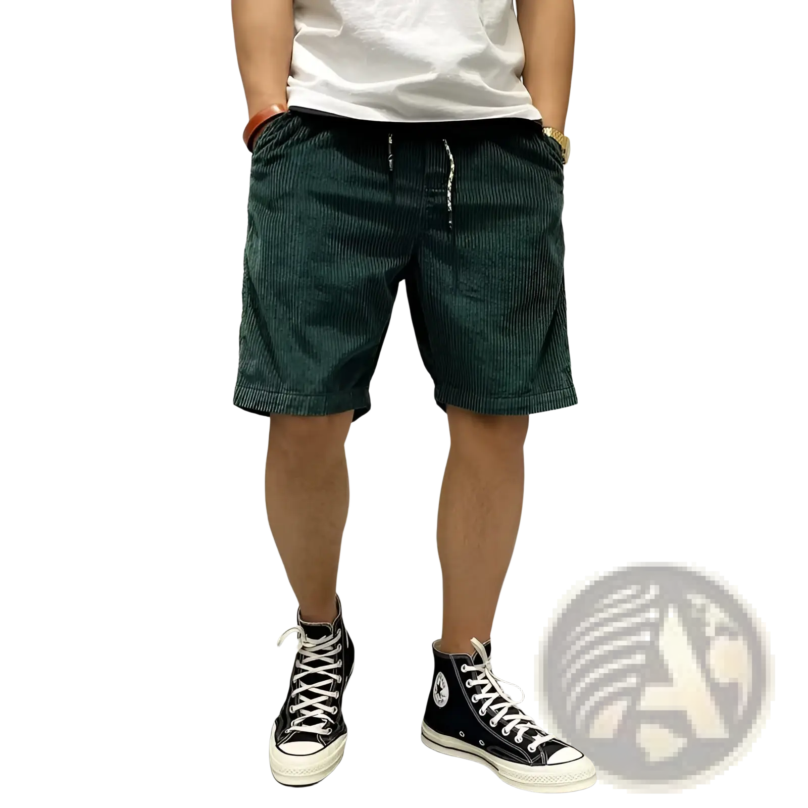 Dark green corduroy men’s retro summer workwear shorts with a drawstring waistband
