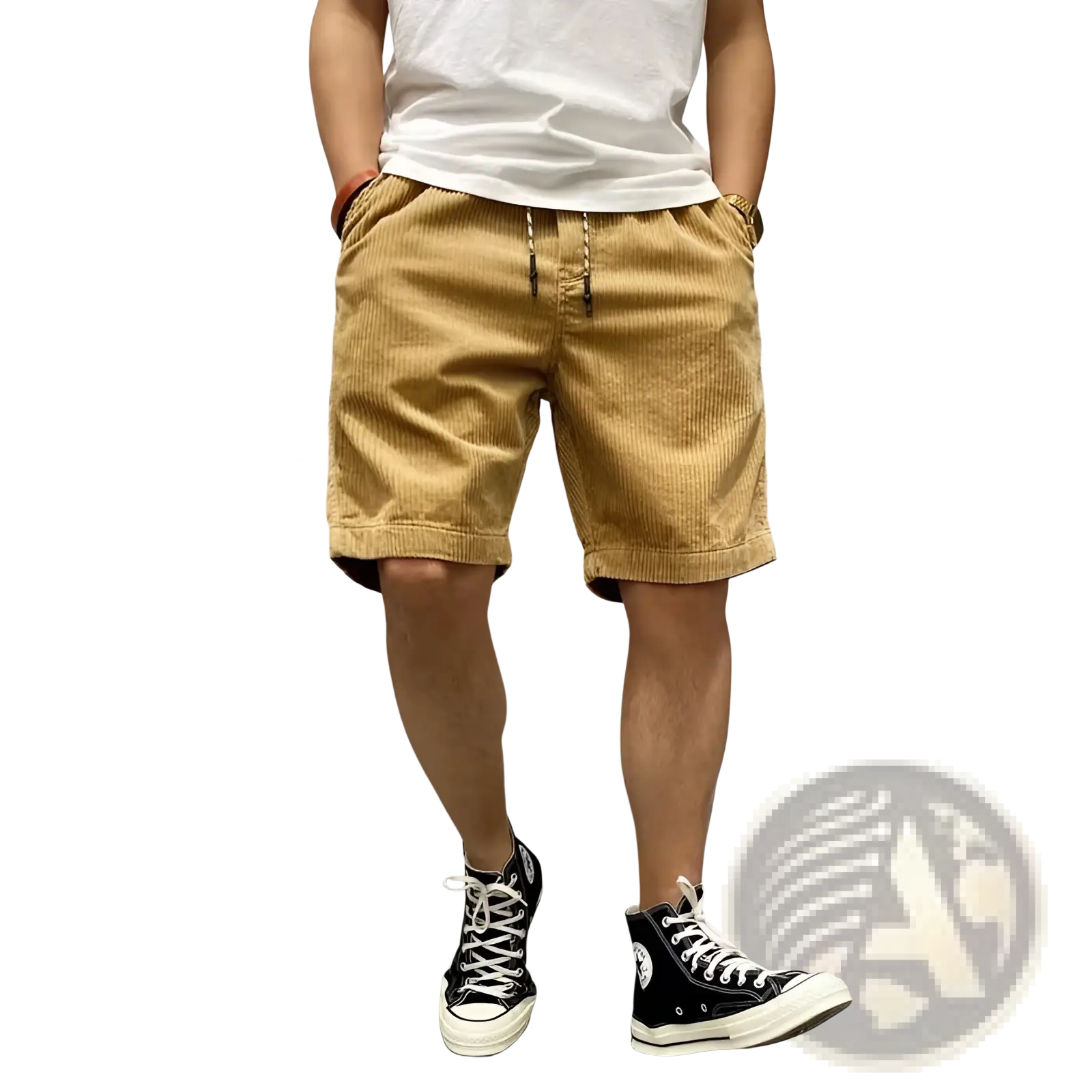 Tan corduroy men’s retro summer workwear shorts with drawstring waistband and rolled cuffs