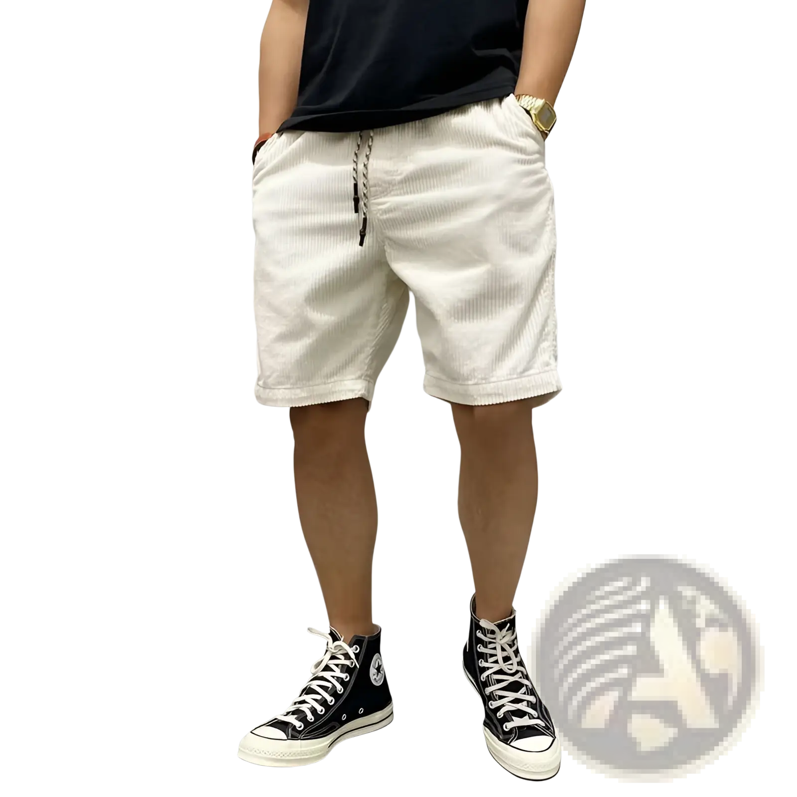 Men’s retro white corduroy summer workwear shorts with drawstring waistband and rolled cuffs