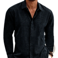 Men’s retro dark gray long sleeve button up shirt with subtle woven pattern cotton linen blend fabric