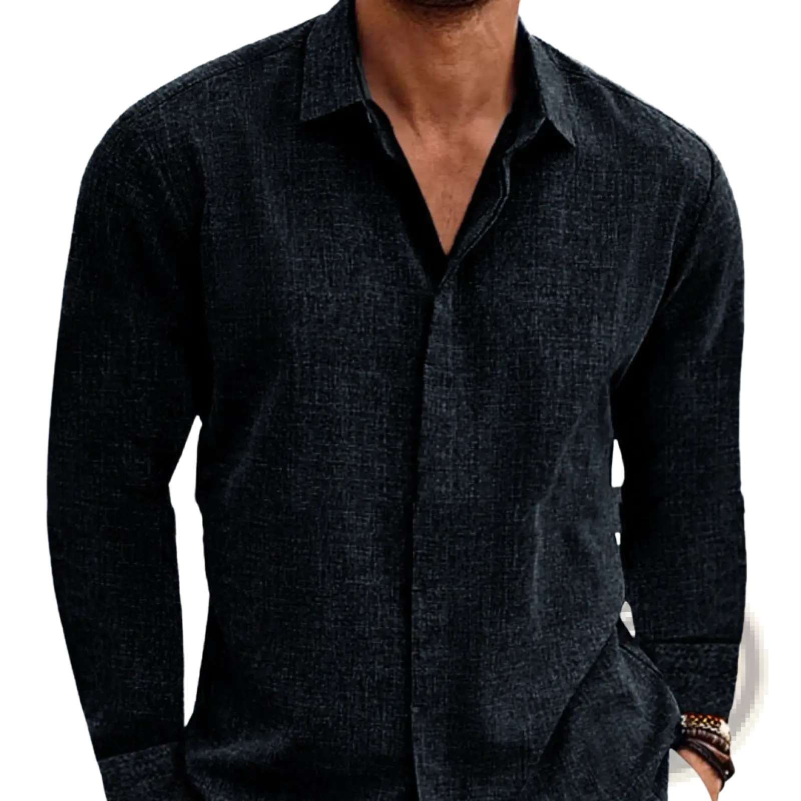 Men’s retro dark gray long sleeve button up shirt with subtle woven pattern cotton linen blend fabric