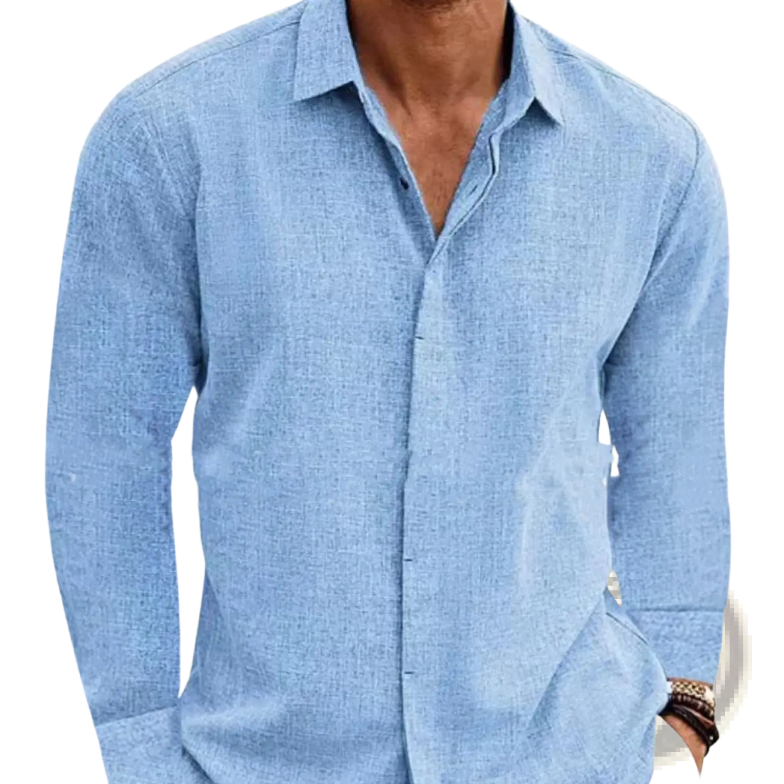 Men’s retro light blue cotton linen blend long sleeve textured button up shirt front view