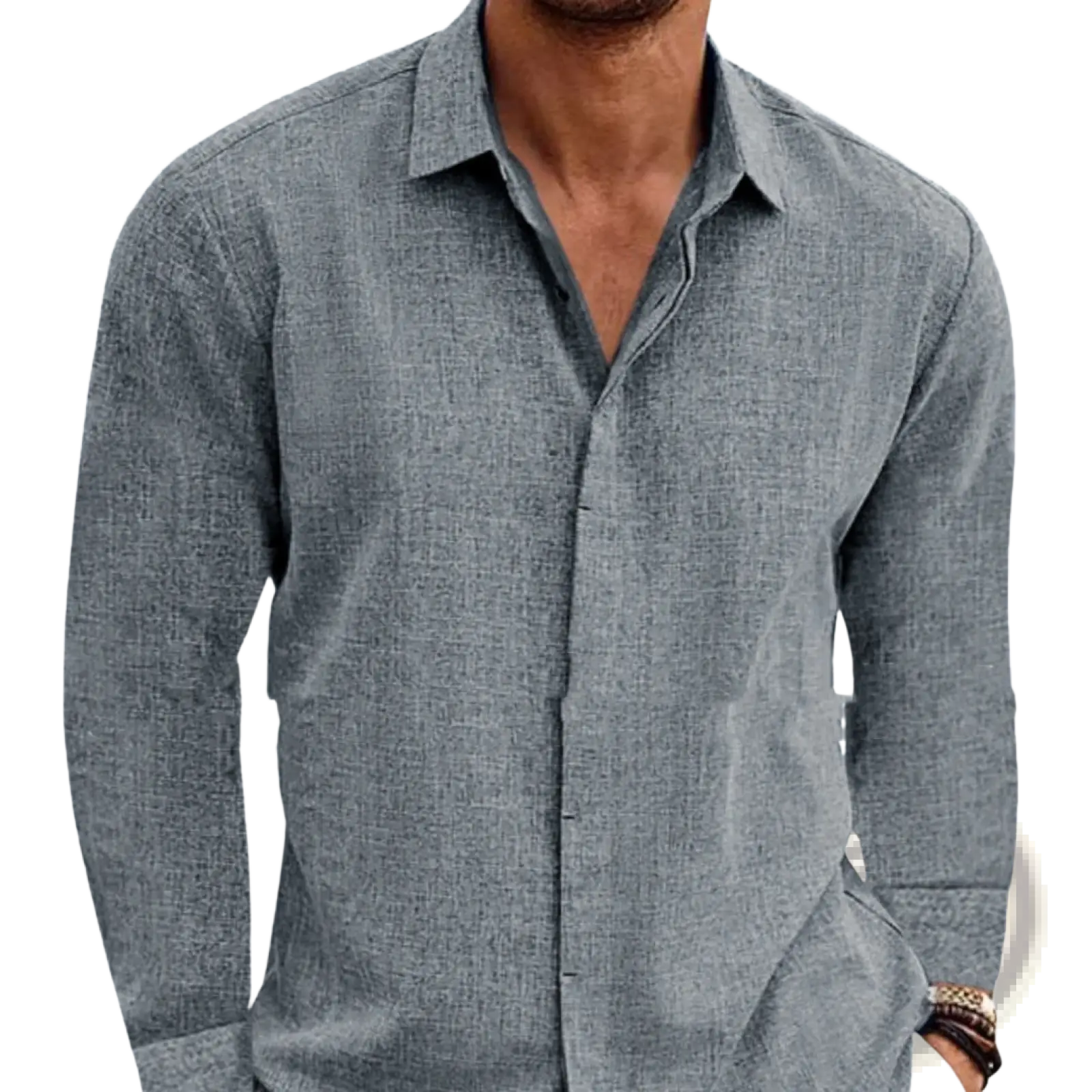 Men’s retro cotton linen blend long sleeve button up shirt in textured gray fabric with classic collar and front placket