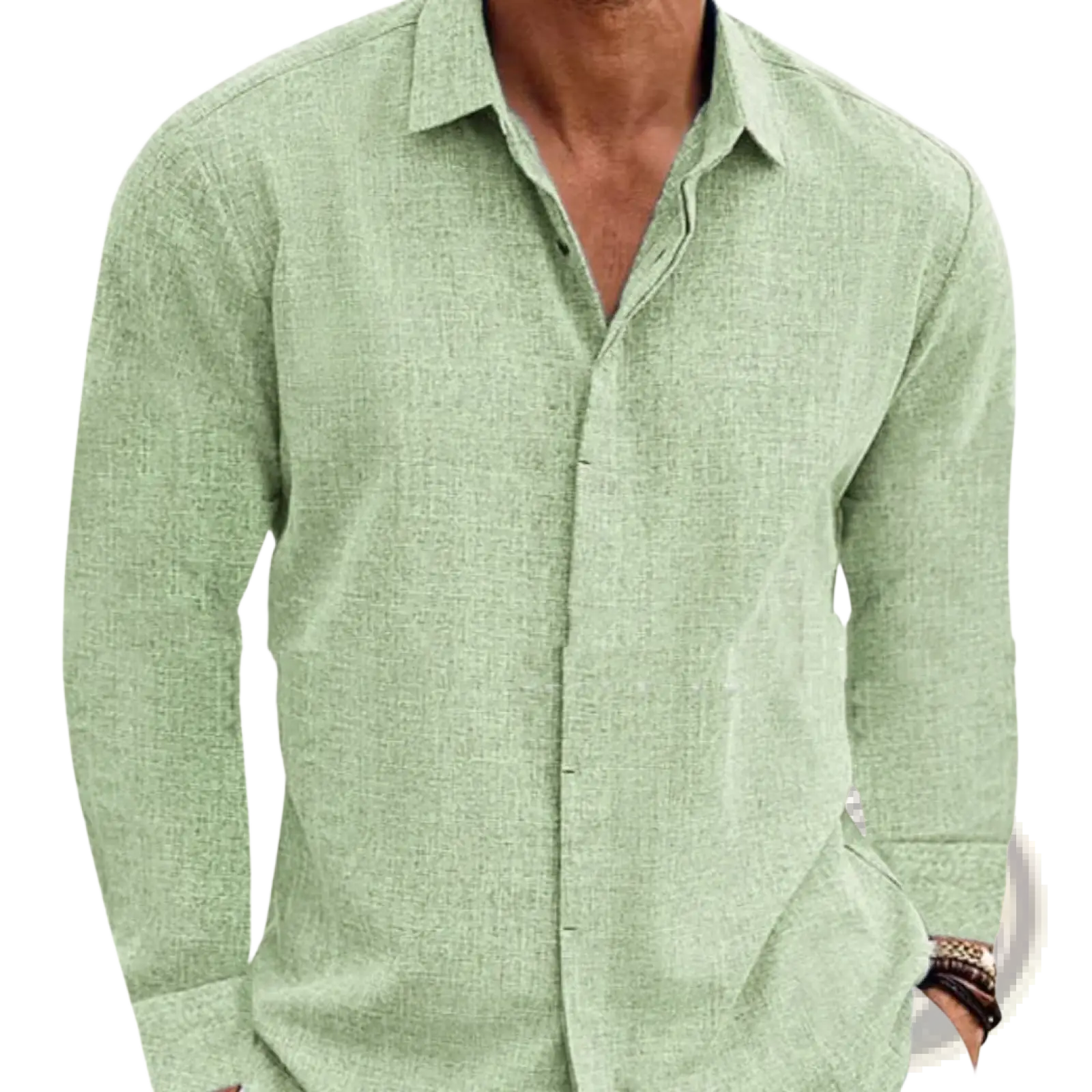 Men’s retro light green textured long sleeve button up shirt in cotton linen blend fabric for casual wear