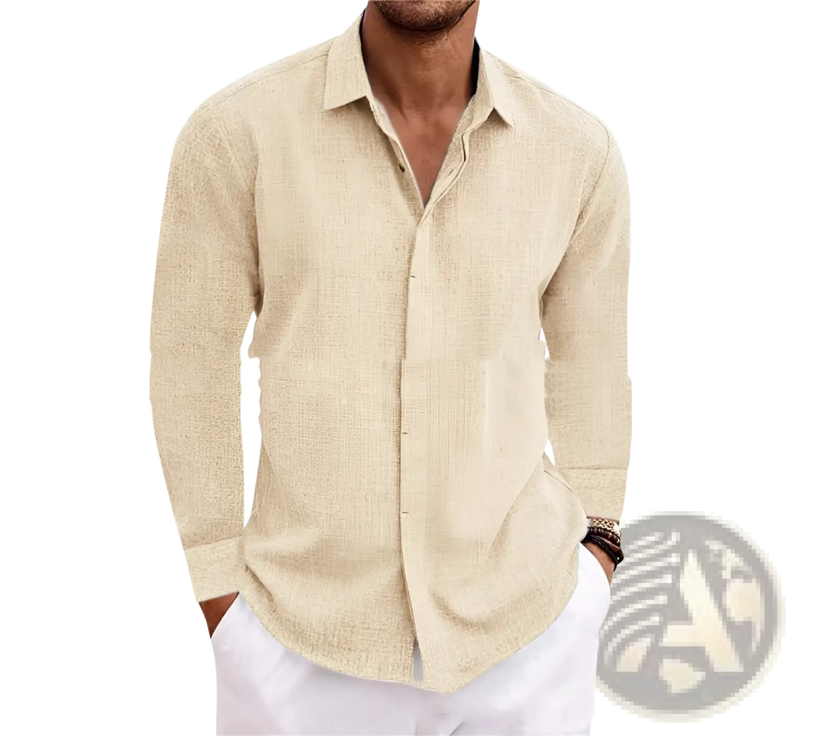 Beige linen button-down shirt with subtle textured weave and classic collar in men’s retro cotton linen blend long sleeve style