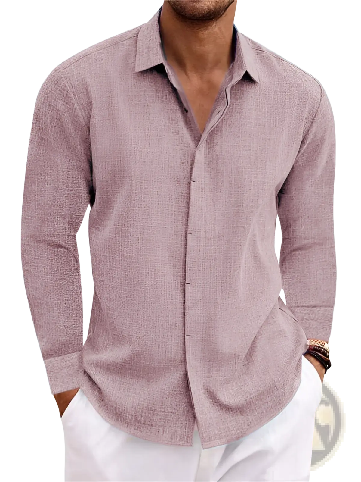 Men’s retro long sleeve button up shirt in textured mauve lightweight cotton linen blend with subtle vertical stitching