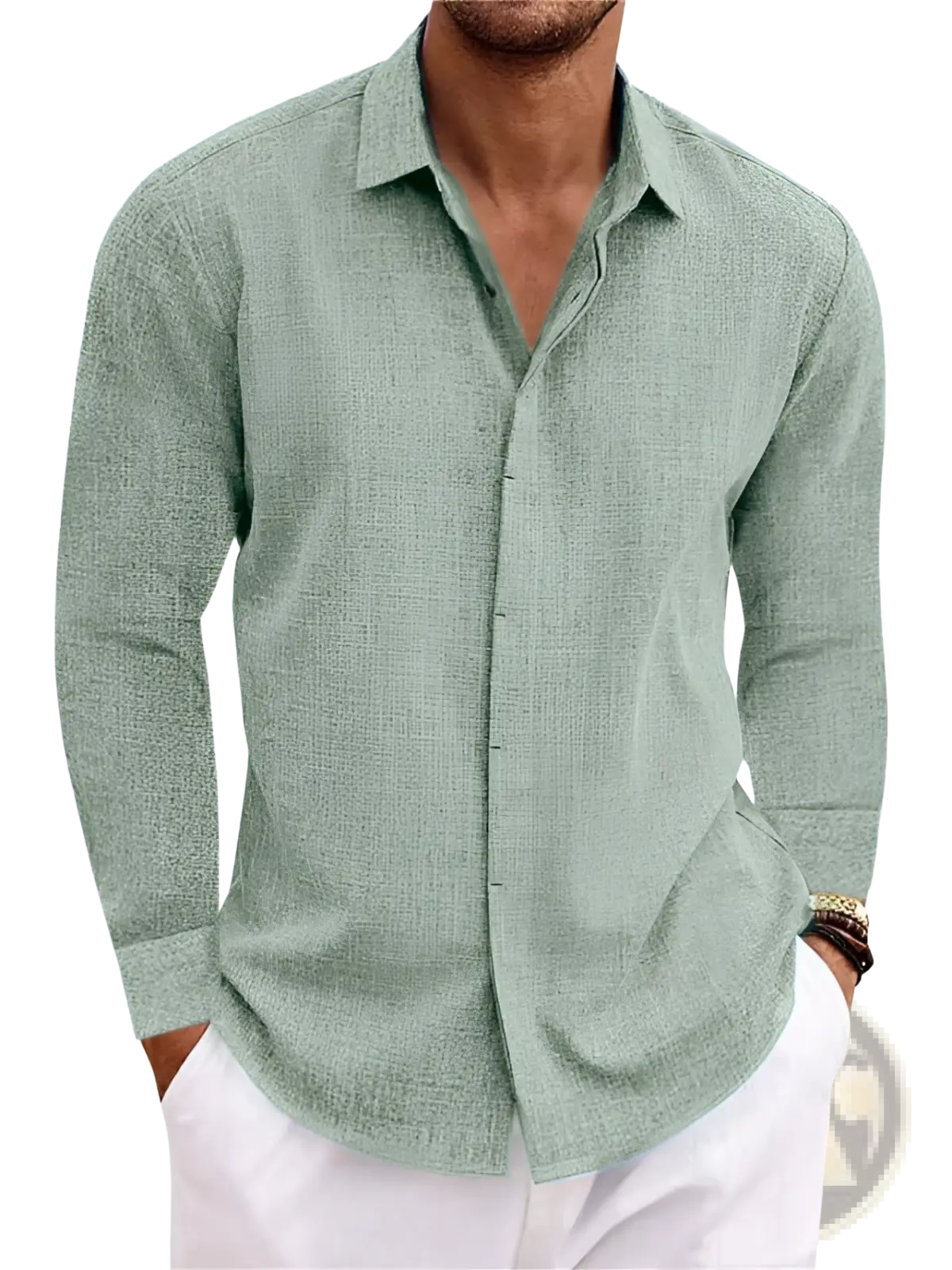 Men’s retro cotton linen blend long sleeve button up shirt in light green with subtle textured weave