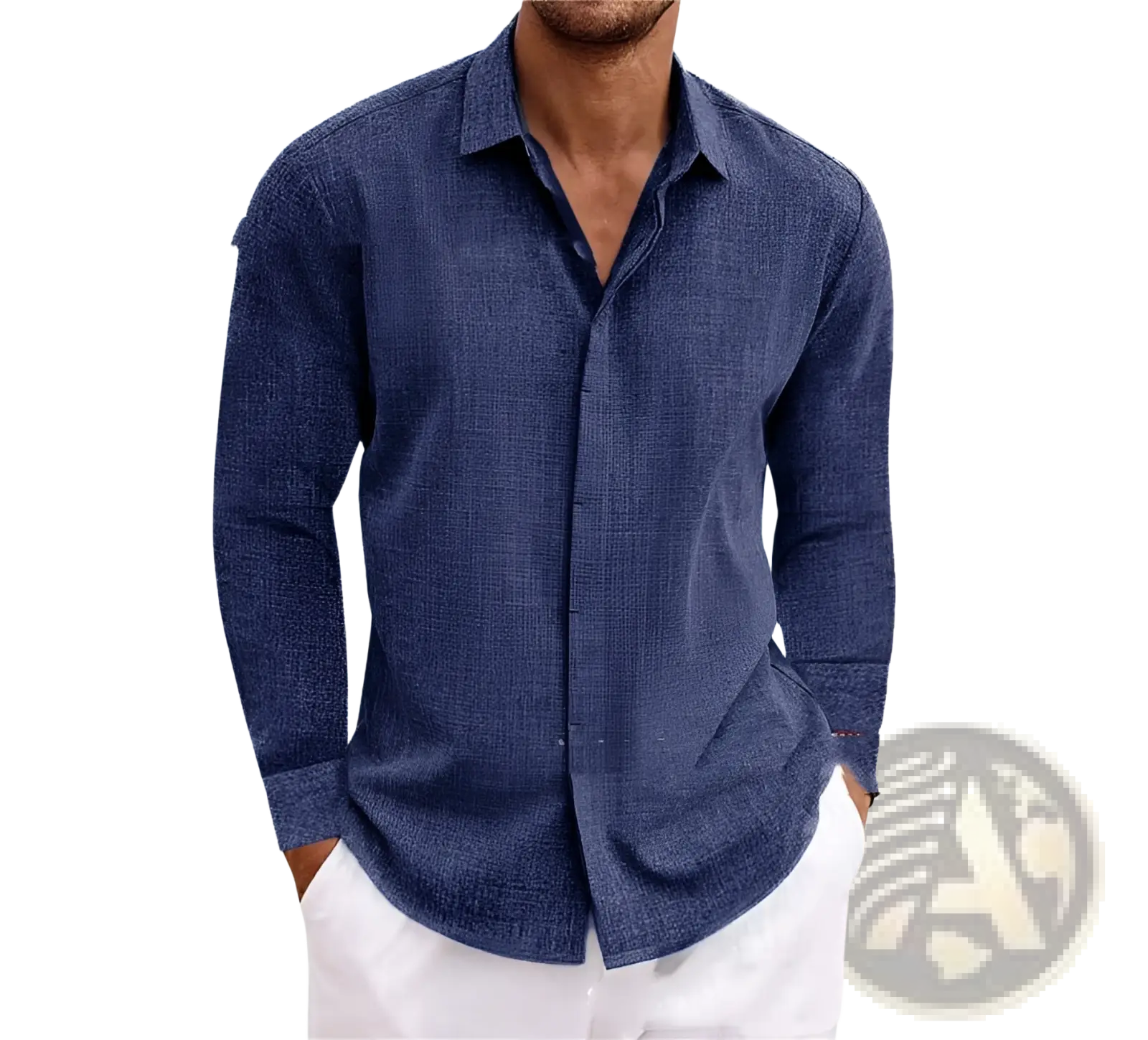 Men’s retro cotton linen blend long sleeve button up shirt in navy blue textured cotton with classic collar