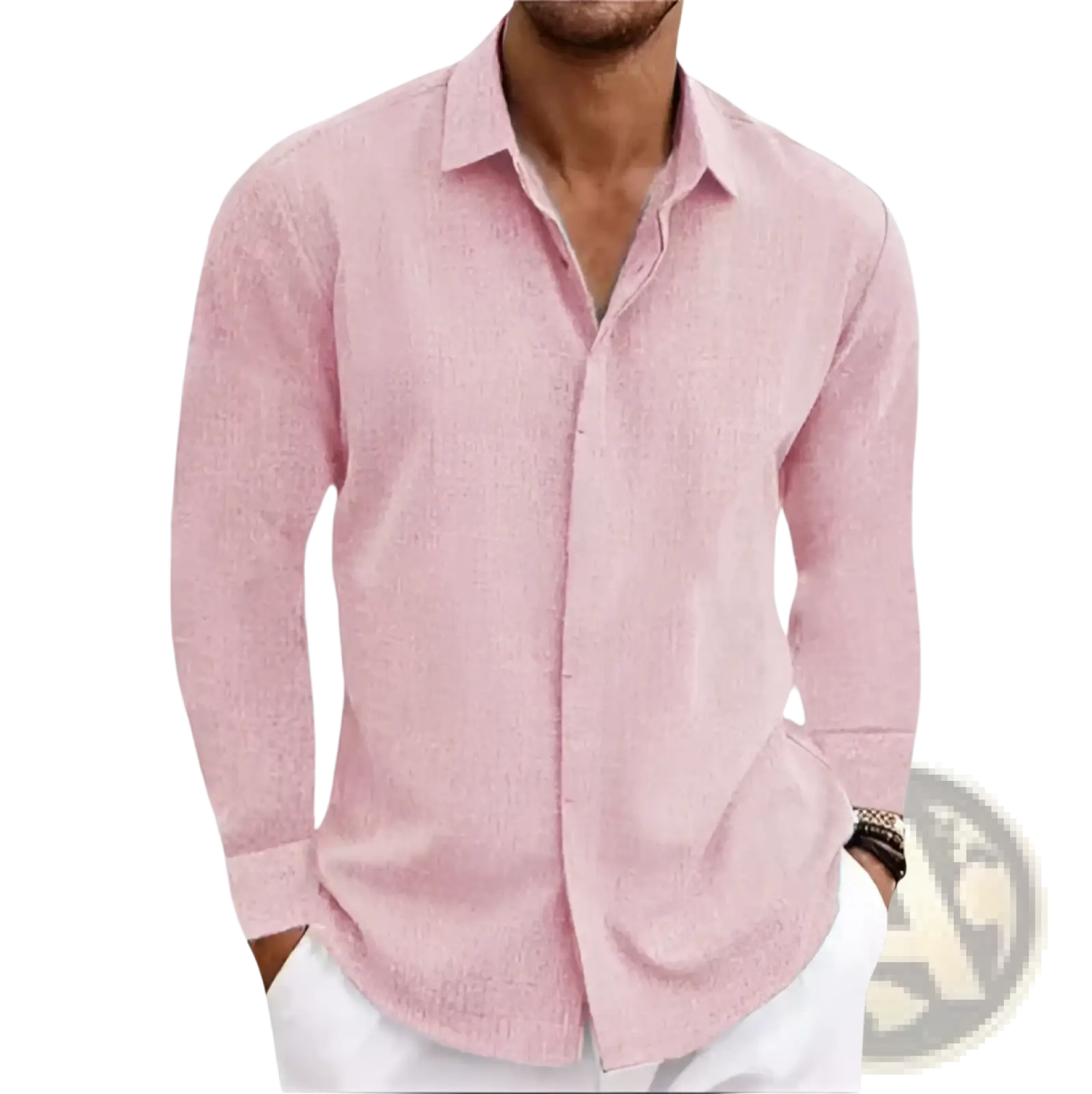 Men’s retro cotton linen blend long sleeve button up shirt in light pink with a subtle textured weave