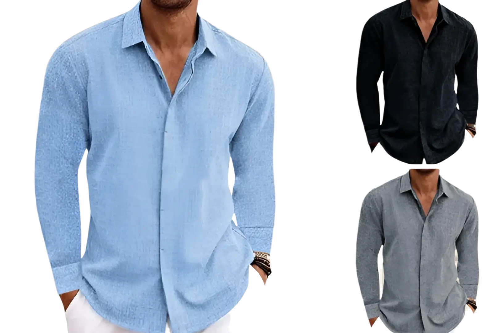 Light blue textured men’s retro cotton linen blend long sleeve button up shirt with a classic design