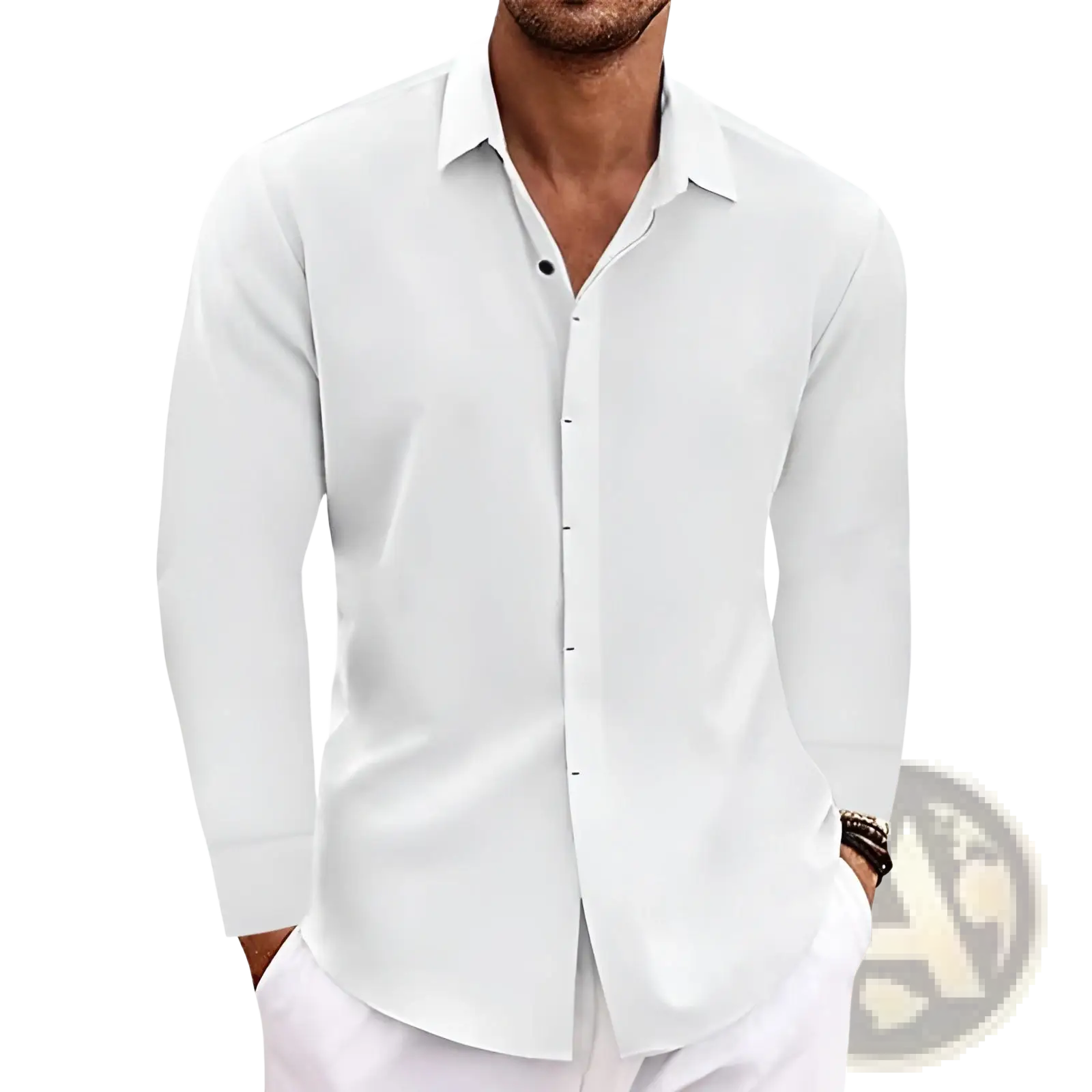 A crisp white men’s retro cotton linen blend long sleeve button up shirt with classic collar and subtle black buttons