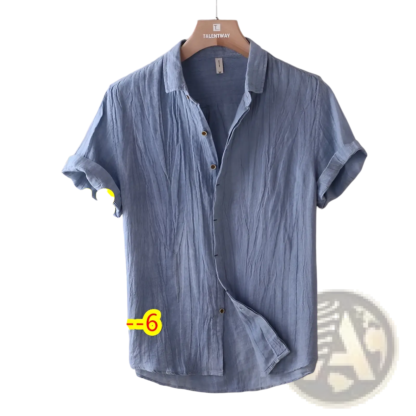 Men’s retro distressed linen short sleeve shirt in light blue with textured fabric and button-up collar