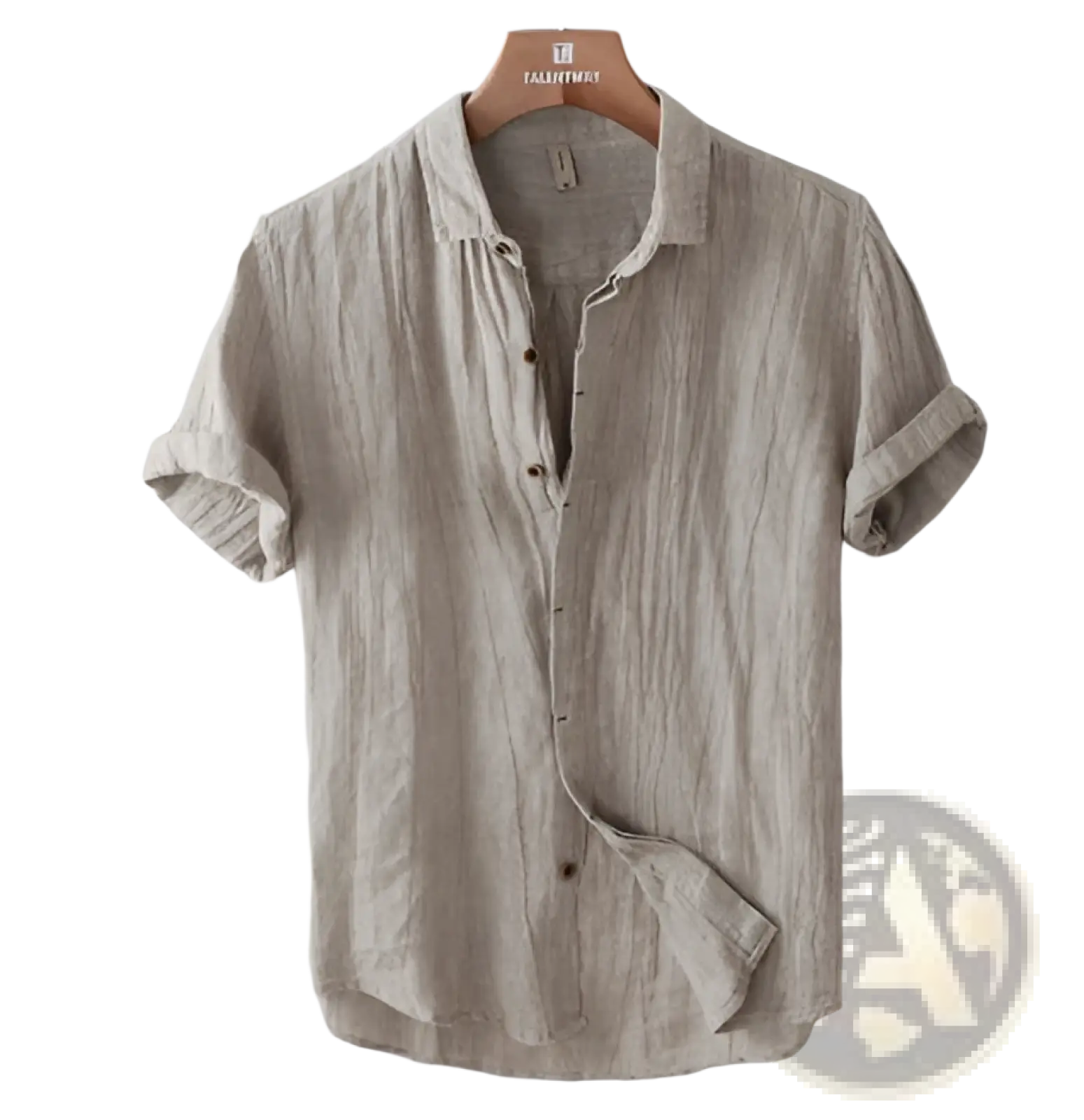 Beige linen men’s retro distressed short sleeve button-up shirt with rolled cuffs and slightly wrinkled texture