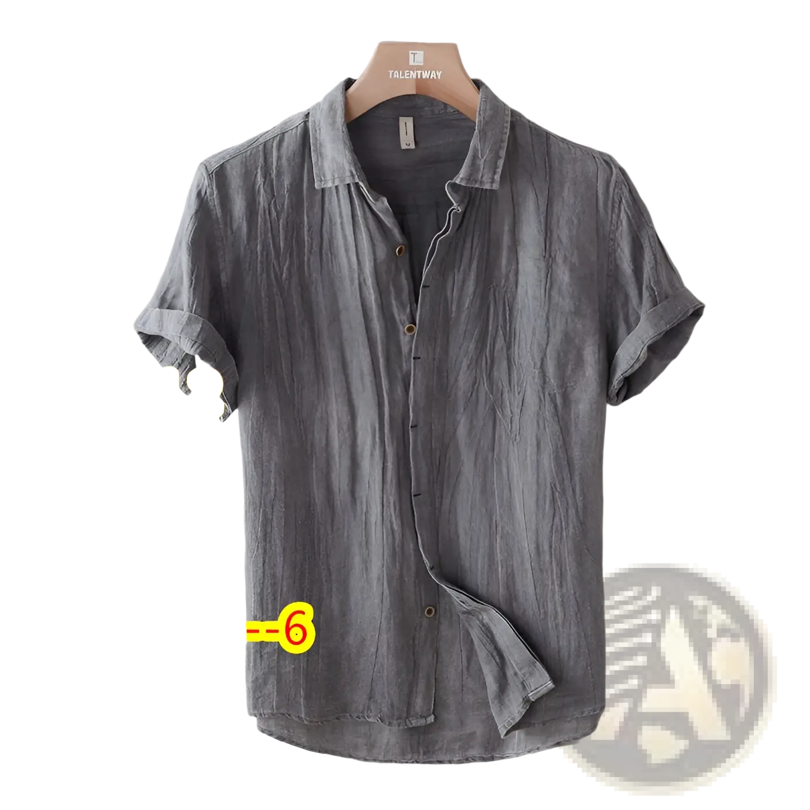 Men’s retro distressed linen short sleeve gray textured button up shirt hanging on wooden hanger