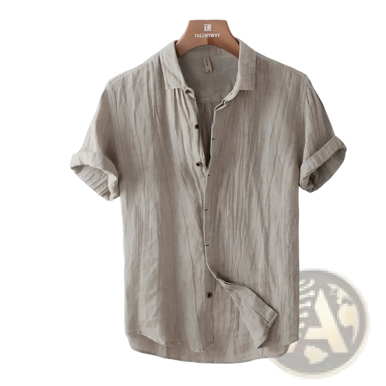 A beige men’s retro distressed short sleeve button-up shirt in textured linen fabric with rolled cuffs on a wooden hanger