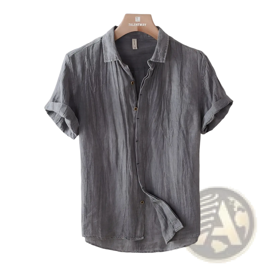 Men’s retro distressed gray linen short sleeve button-up shirt hanging on wooden hanger