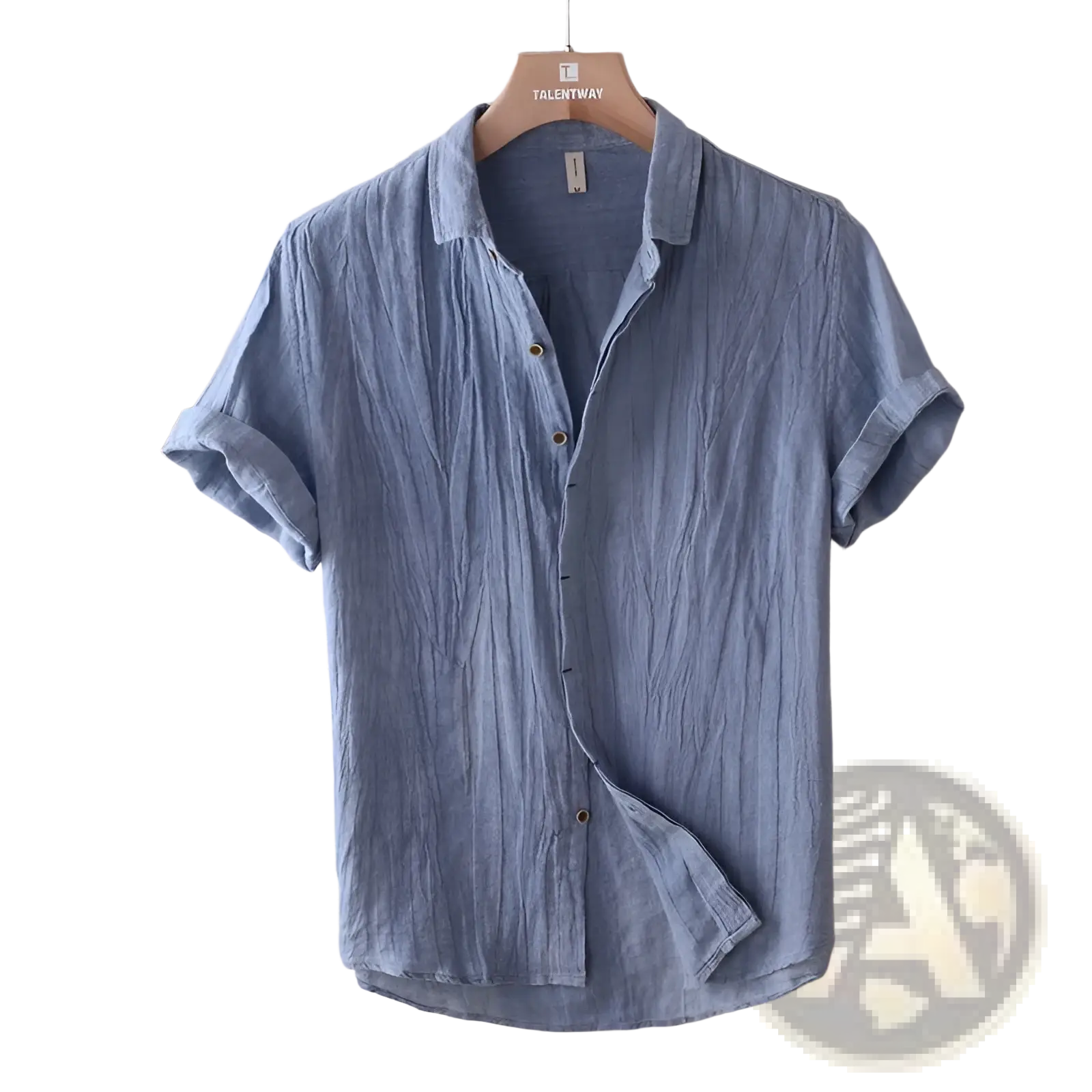 Men’s retro distressed linen short sleeve shirt in light blue textured cotton with button-up front and rolled cuffs