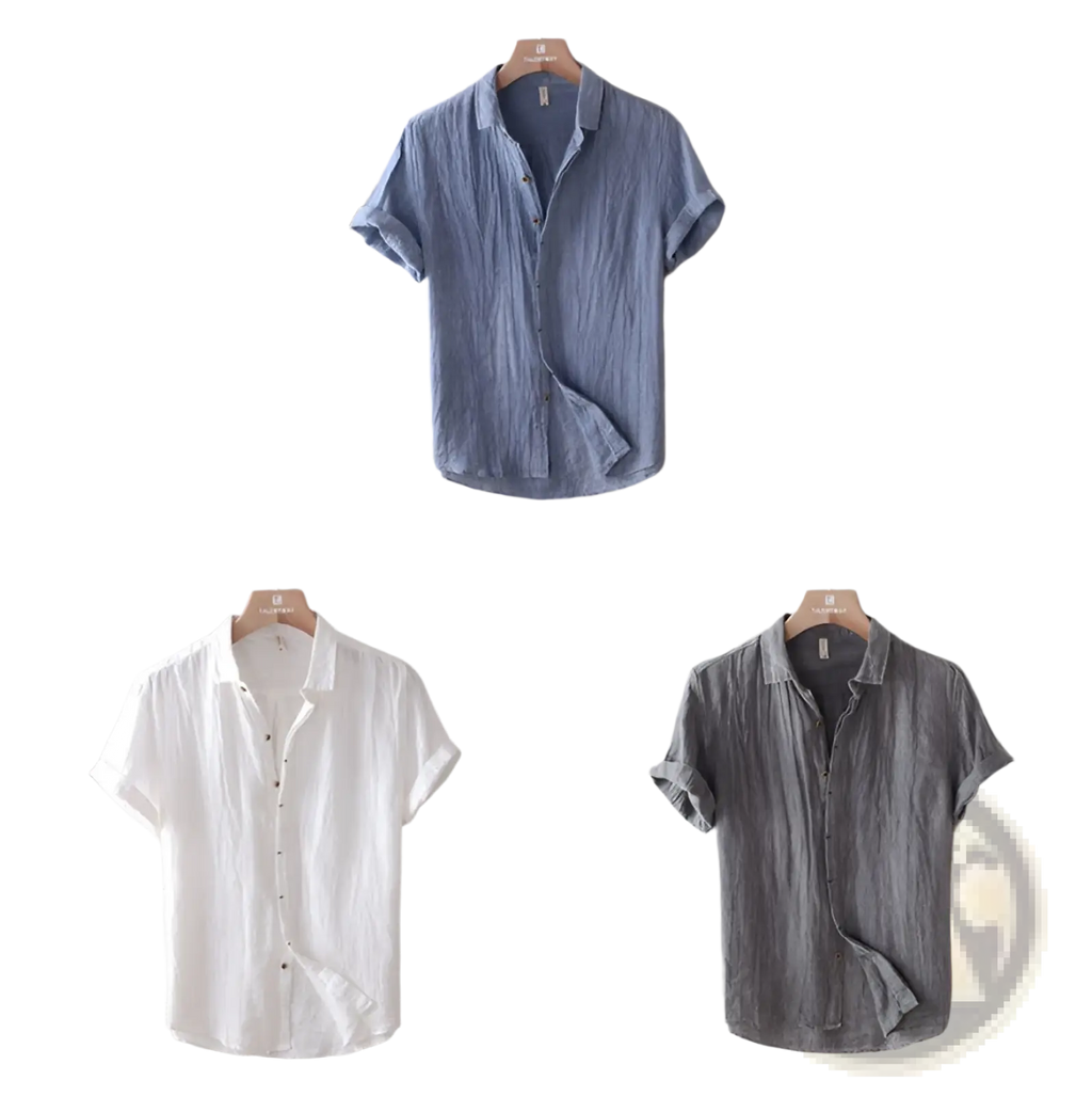 Men’s retro distressed linen short sleeve shirts in light blue white and gray made of textured linen fabric