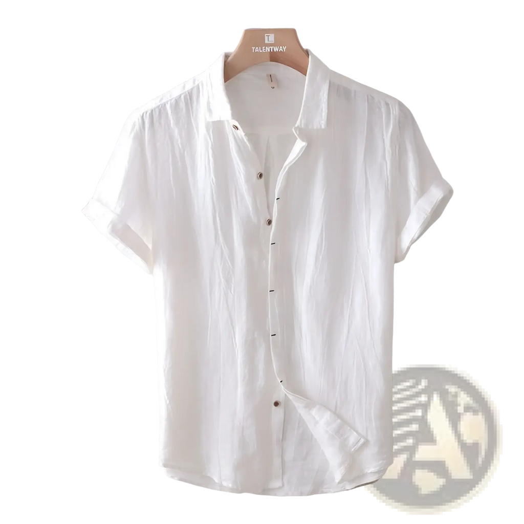White short-sleeved button-up mens retro distressed linen shirt with classic collar hanging on wooden hanger