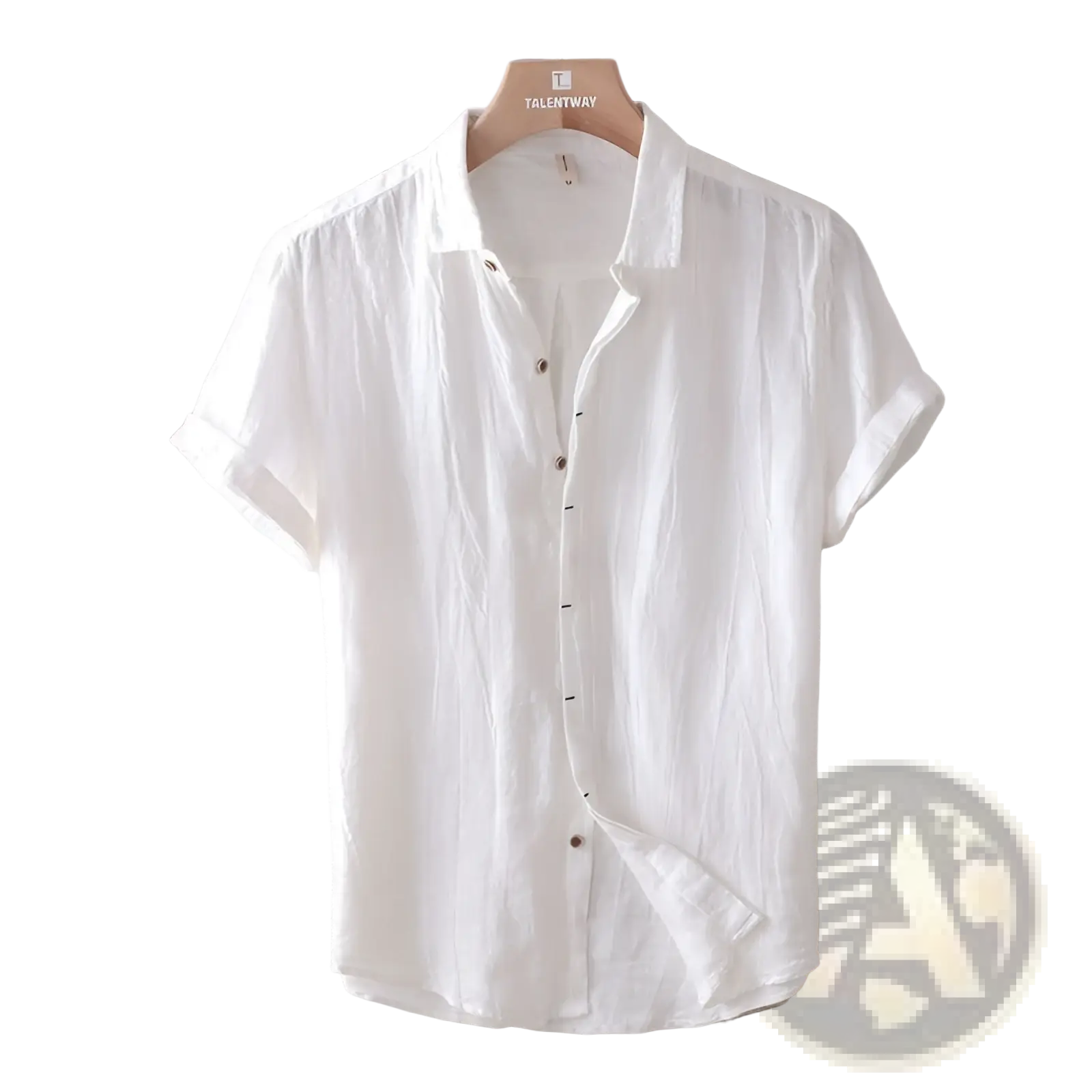 White short-sleeved button-up mens retro distressed linen shirt with classic collar hanging on wooden hanger