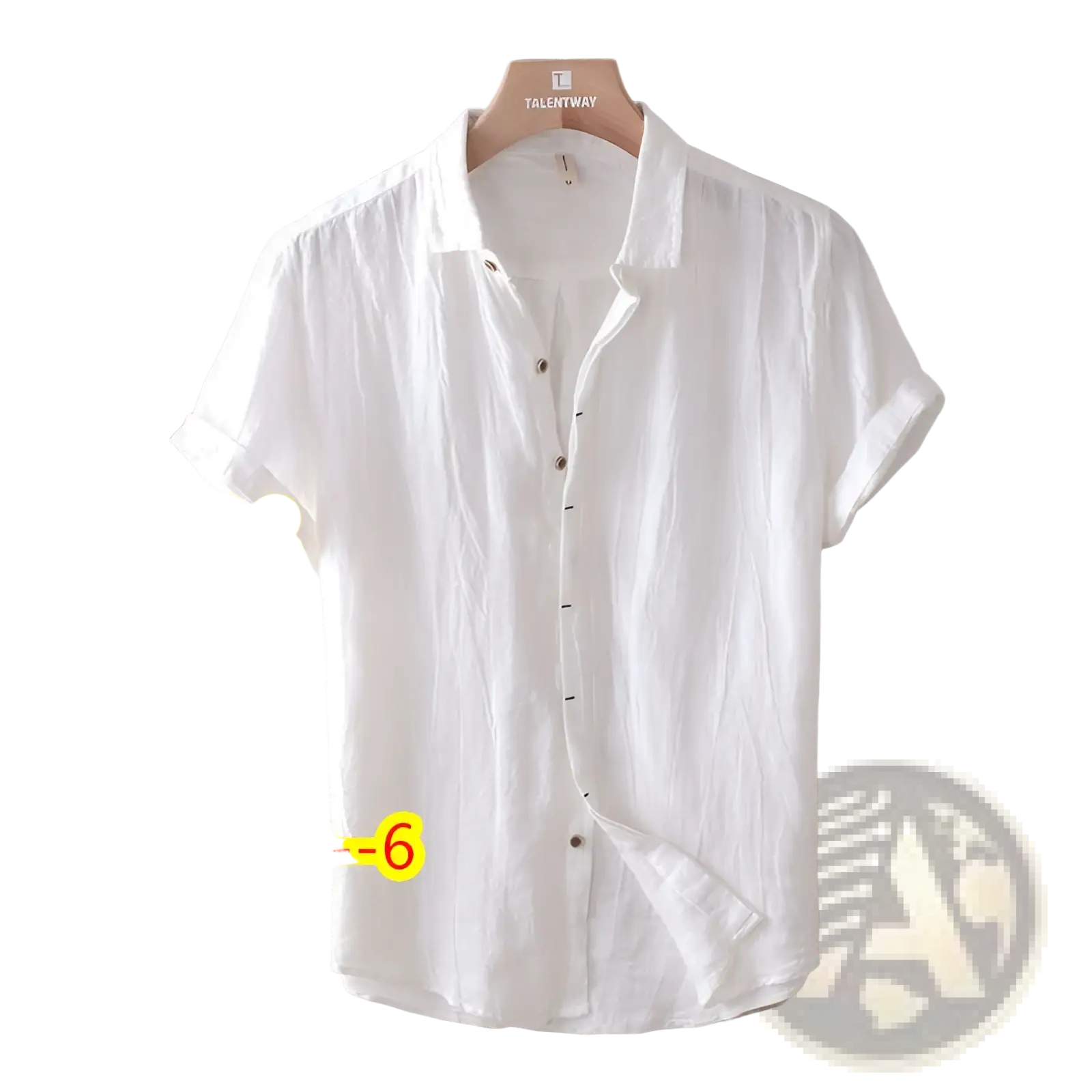 Men’s retro distressed white linen short sleeve shirt with classic collar hanging on wooden hanger