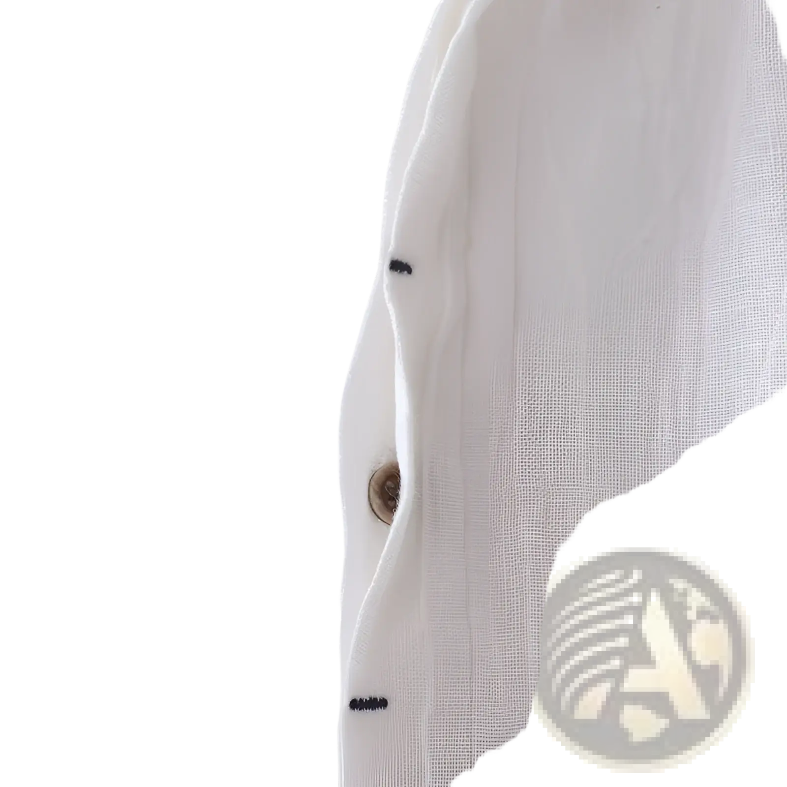 Men’s retro distressed linen short sleeve shirt in white with natural wood-toned buttons and subtle black stitching
