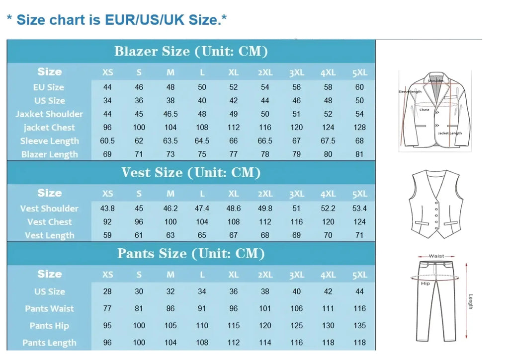 Blue and white printed blazer size chart in centimeters for men’s retro herringbone tweed 3-piece slim suit