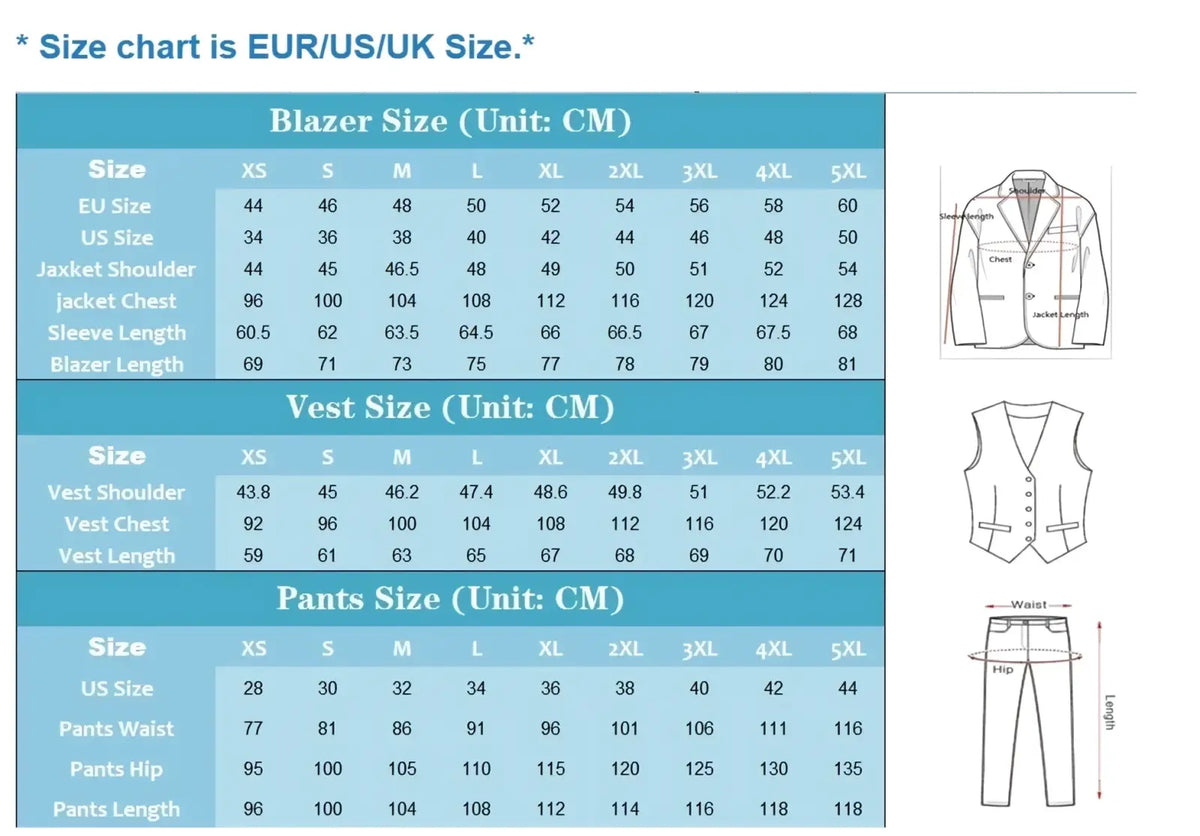 Blue and white printed blazer size chart in centimeters for men’s retro herringbone tweed 3-piece slim suit