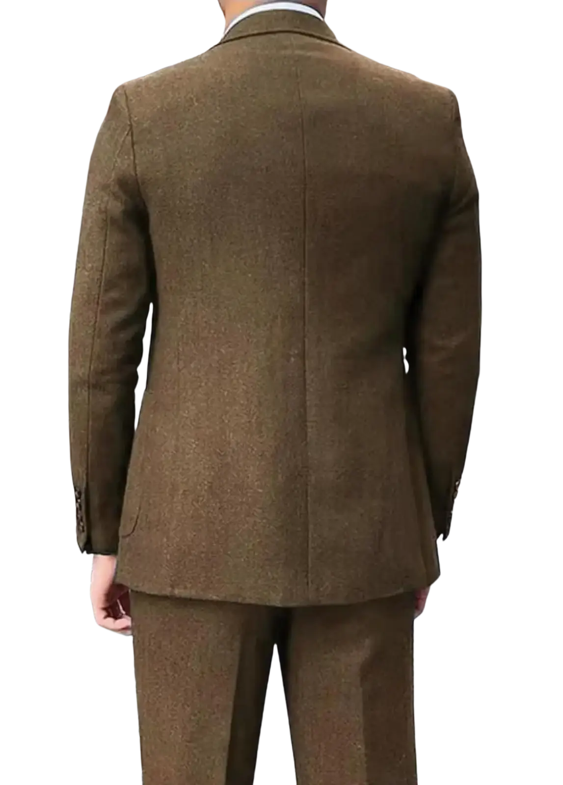 Brown tweed suit jacket with classic tailored fit and subtle texture from men’s retro herringbone tweed 3-piece slim suit