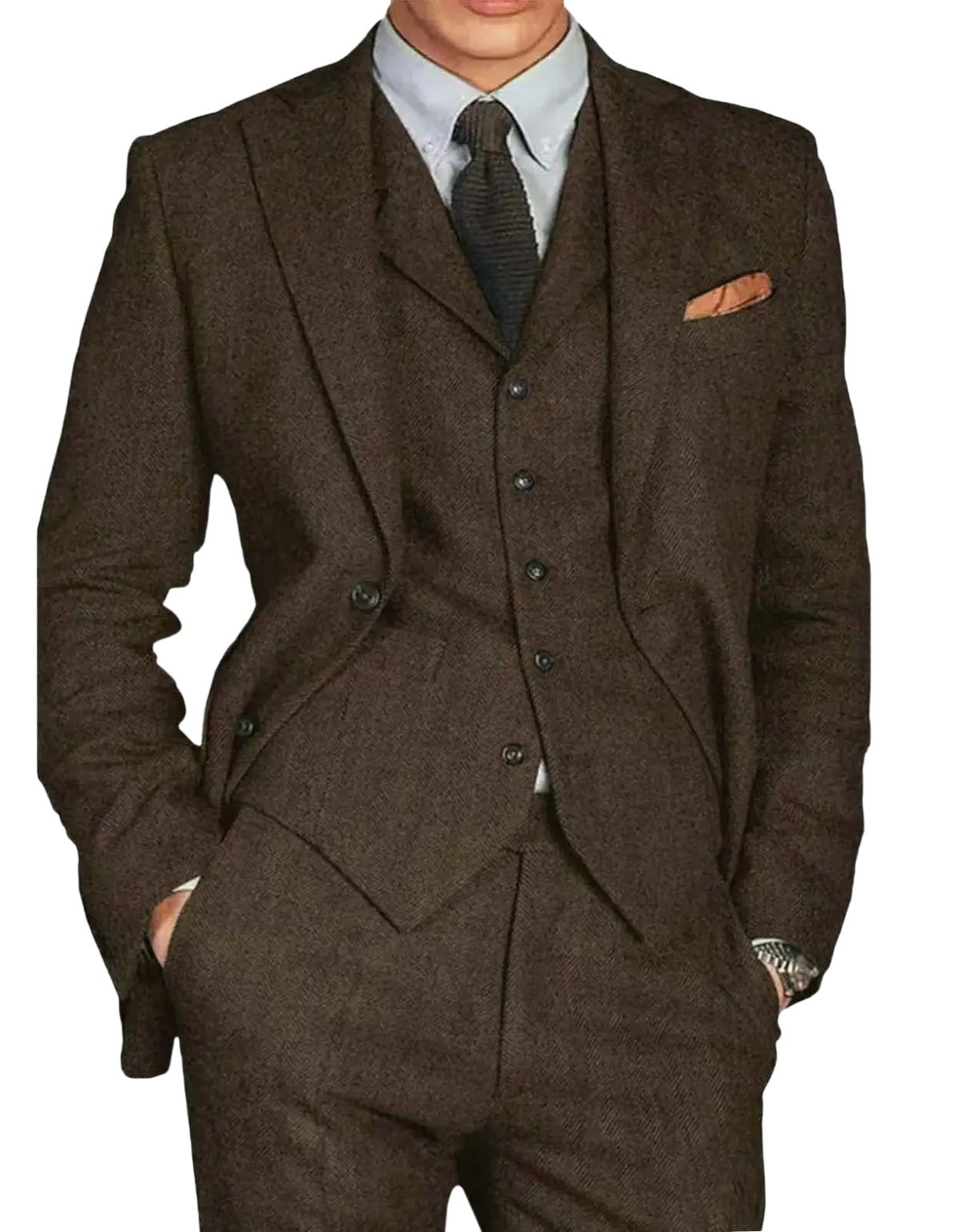 Men’s retro herringbone tweed three-piece slim suit in brown with textured fabric and dark buttons