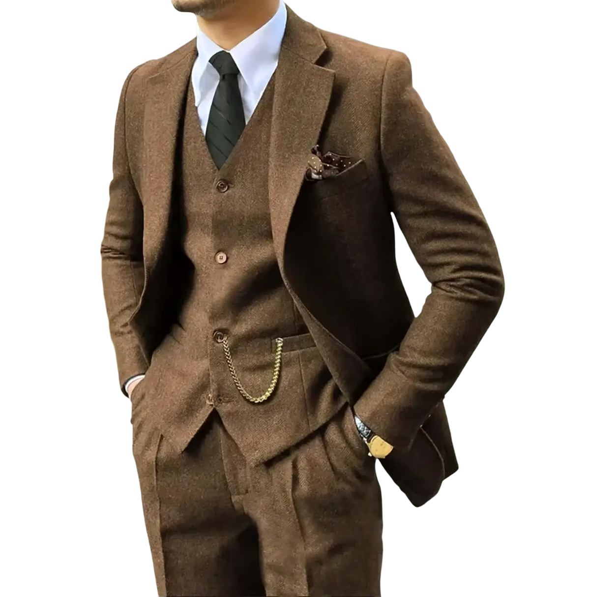 Men’s retro herringbone tweed slim brown three-piece suit with textured pattern and matching vest for formal wear