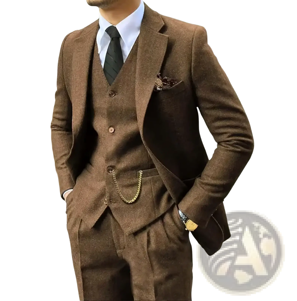 Men’s retro herringbone tweed slim brown three-piece suit with textured pattern and matching vest for formal wear